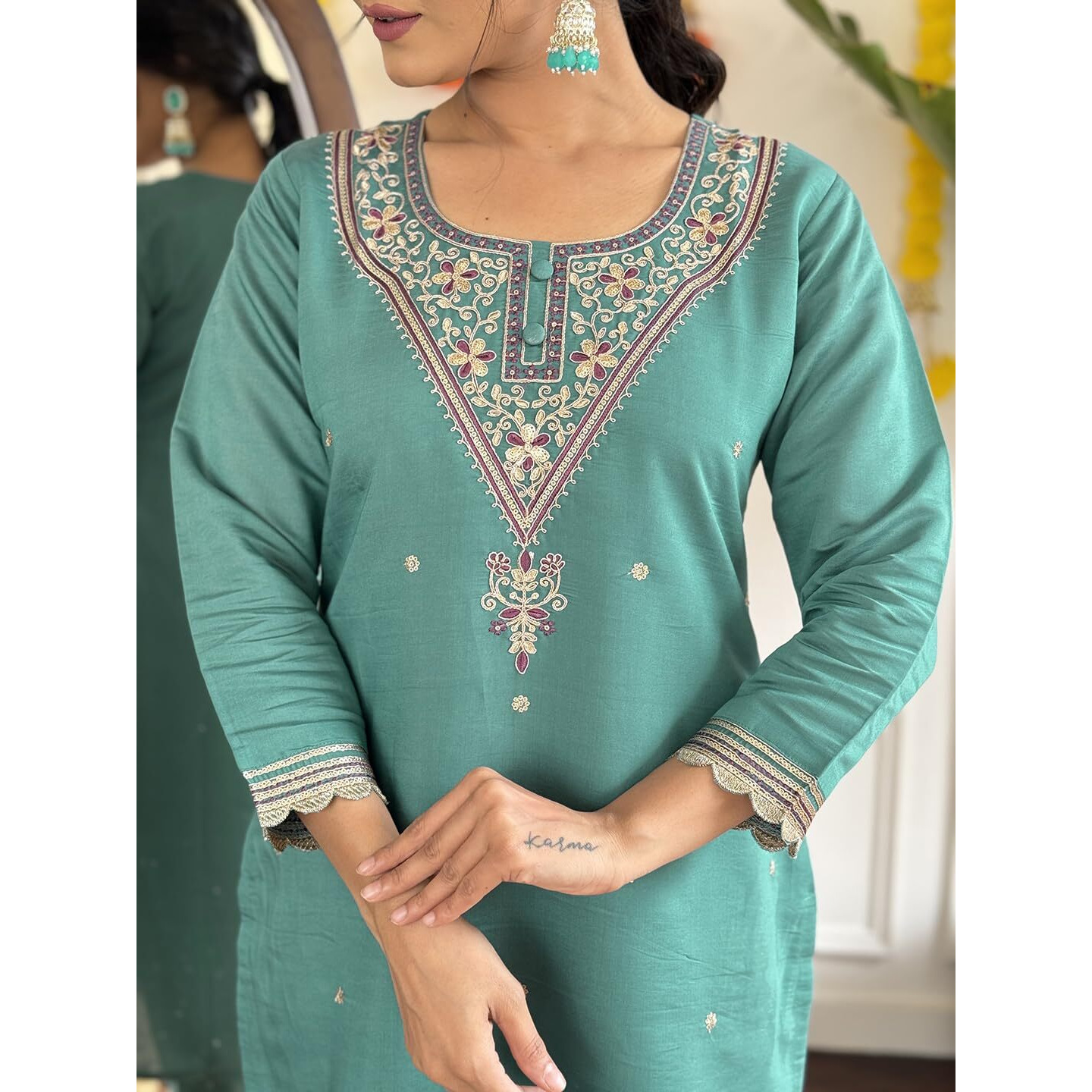 Navlik Women's Chanderi Viscose Embroidered Straight Kurta with Pant and Dupatta Sets (S-Namrata) (Size X-Large, Color Firoji)