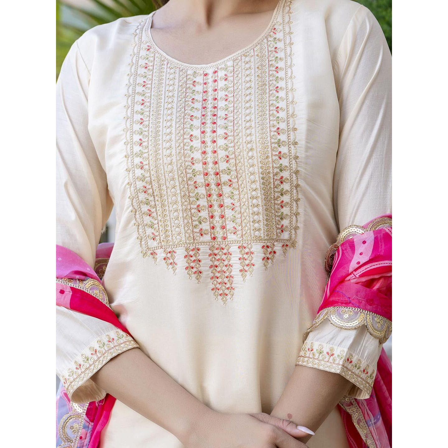 Navlik Women's Viscose Silk Embroidered Straight Kurta with Pant and Dupatta Sets (S-Nargis) (Size Small, Color Cream)