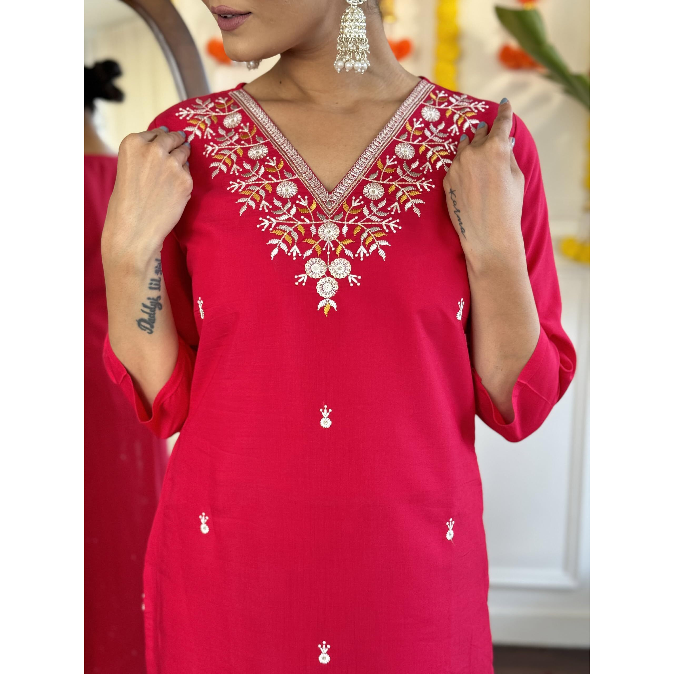 Navlik Women's Red Chanderi Viscose Embroidered Straight Kurta with Chanderi Viscose Pant and Naylon Jacquard Dupatta Sets (NK-S-Nirja) (Size Large, Color Red)