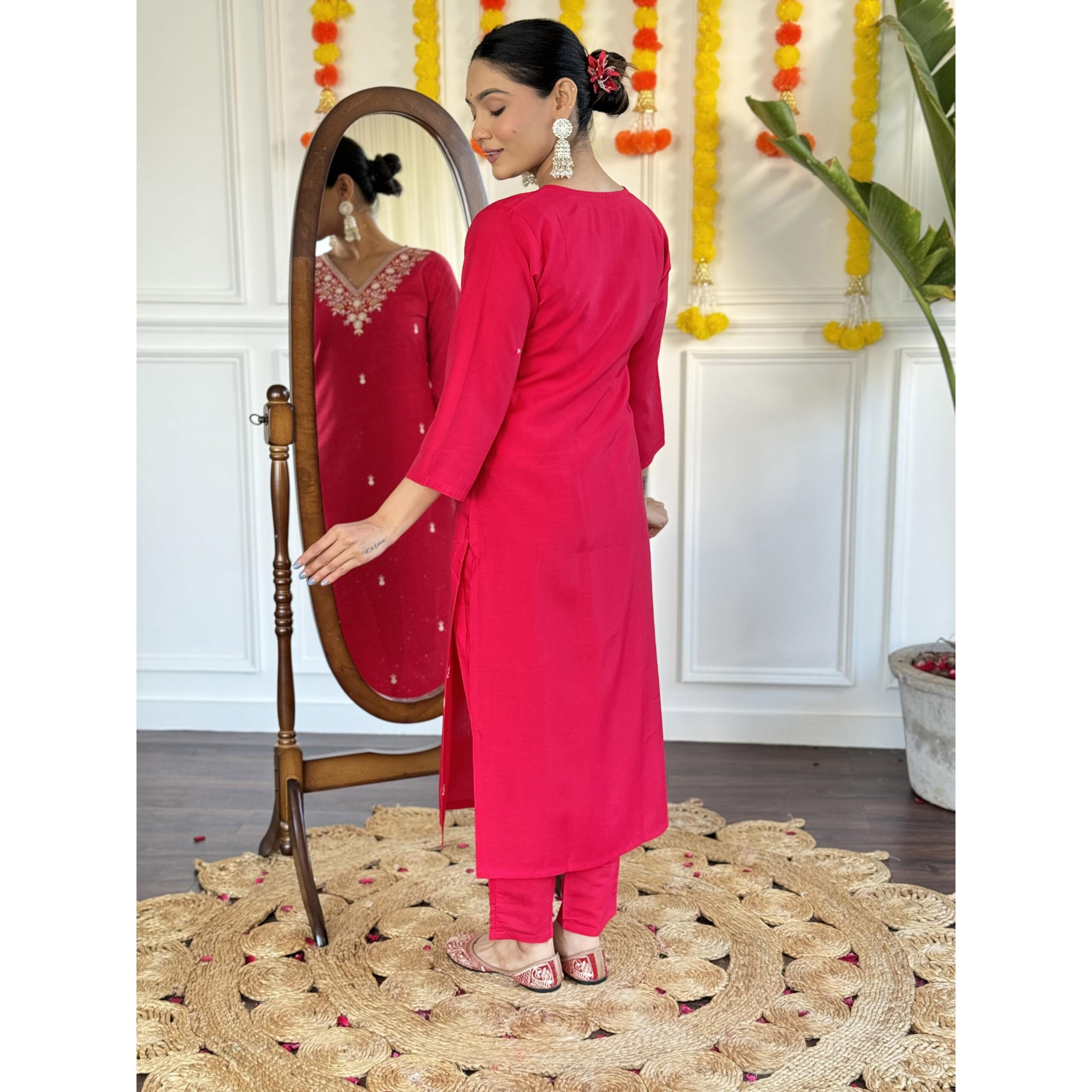 Navlik Women's Red Chanderi Viscose Embroidered Straight Kurta with Chanderi Viscose Pant and Naylon Jacquard Dupatta Sets (NK-S-Nirja) (Size X-Large, Color Red)