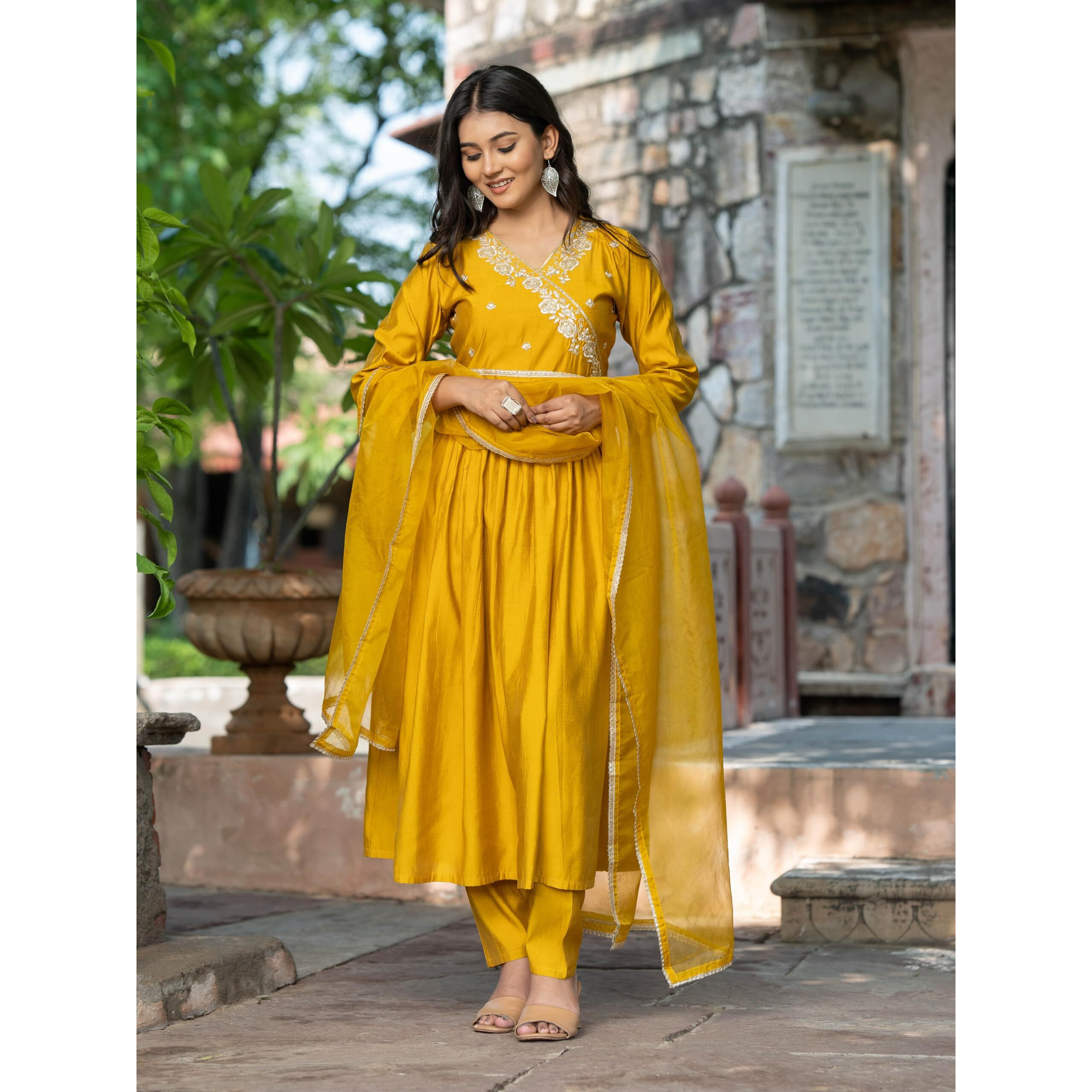 Navlik Women's Chanderi Viscose Embroidered Flared Kurta with Pant and Dupatta Sets (S-Olivia) (Size Medium, Color Yellow)