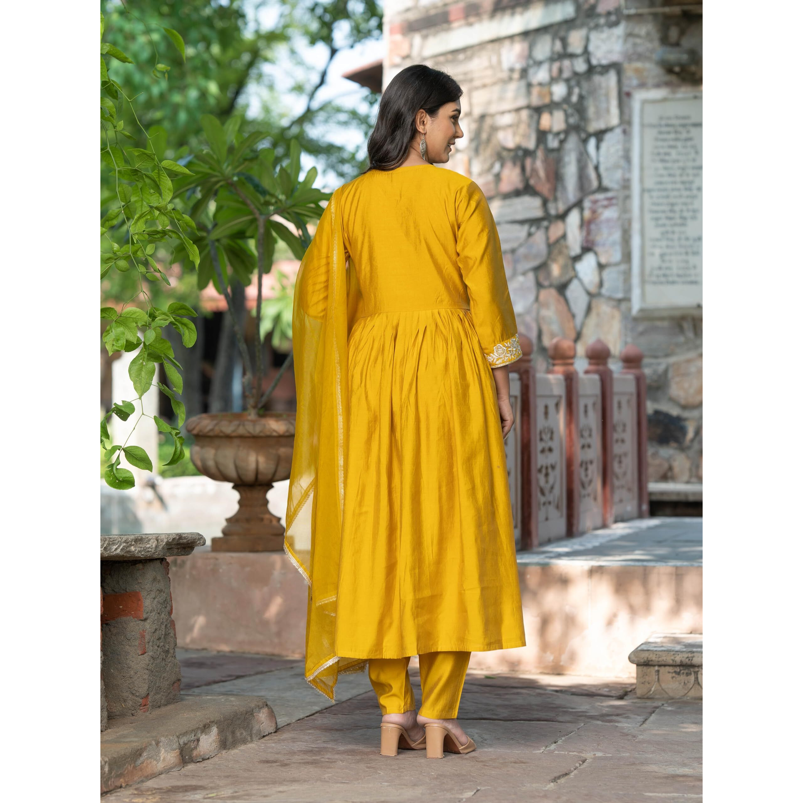 Navlik Women's Chanderi Viscose Embroidered Flared Kurta with Pant and Dupatta Sets (S-Olivia) (Size Medium, Color Yellow)