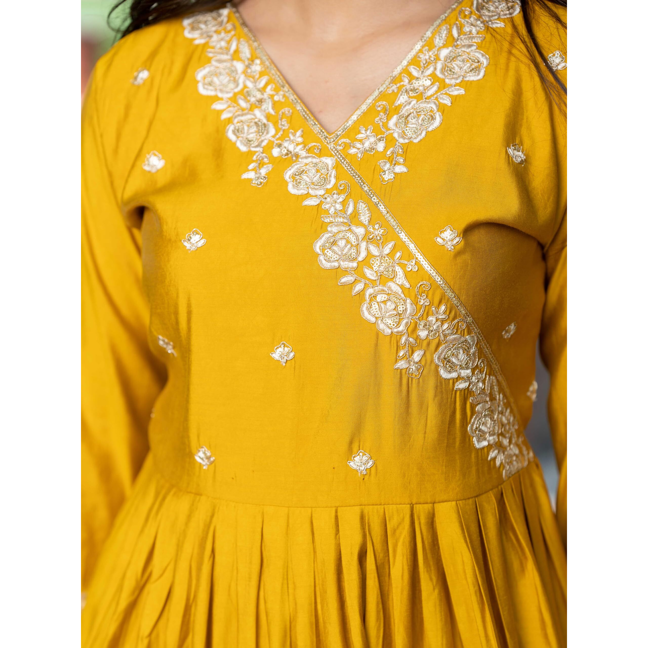 Navlik Women's Chanderi Viscose Embroidered Flared Kurta with Pant and Dupatta Sets (S-Olivia) (Size Medium, Color Yellow)