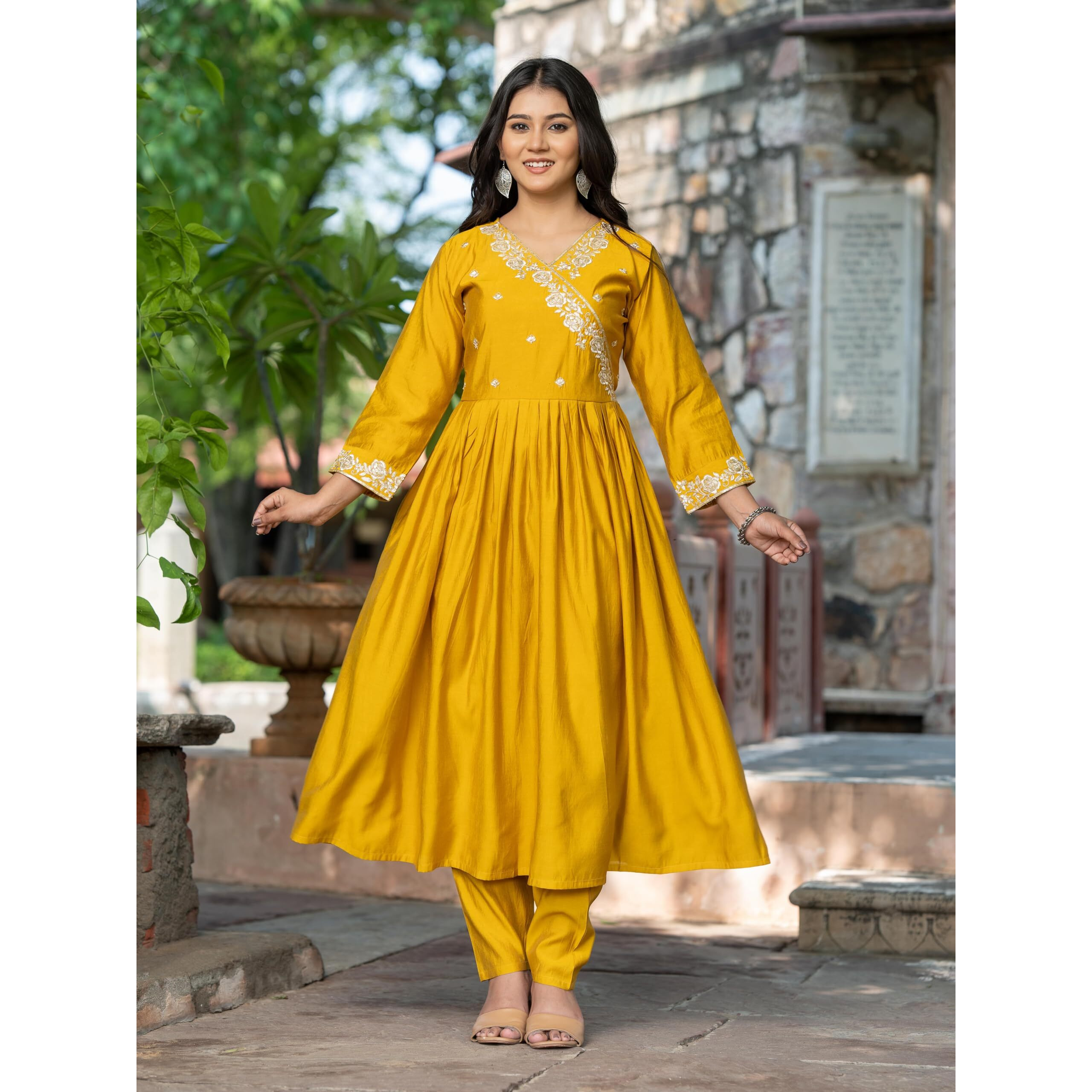 Navlik Women's Chanderi Viscose Embroidered Flared Kurta with Pant and Dupatta Sets (S-Olivia) (Size Medium, Color Yellow)