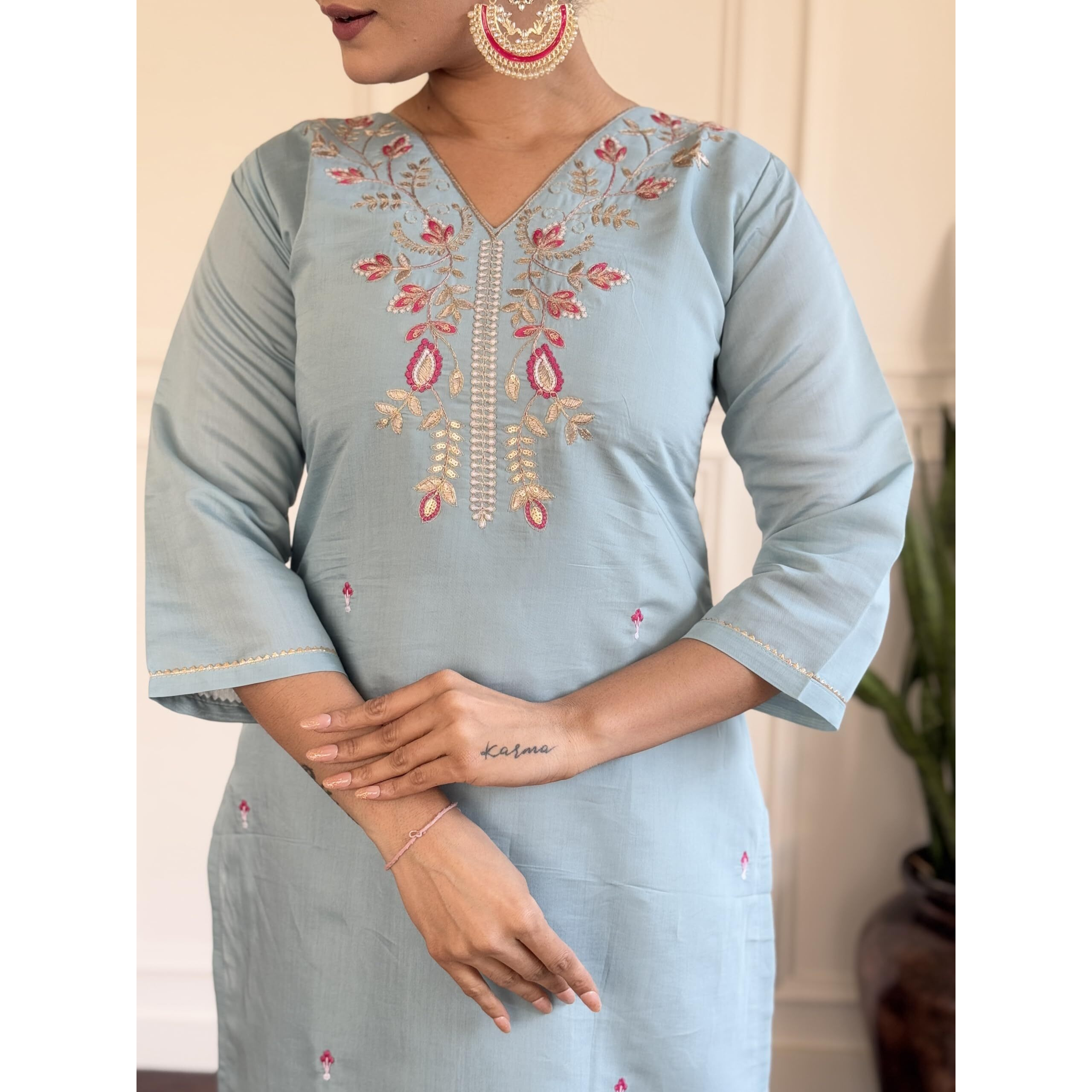 Navlik Women's Sky Chanderi Viscose Embroidered Straight Kurta with Chanderi Silk Pant and Jacquard Jacquard Dupatta Sets (NK-S-Parita-Sky) (Size Medium, Color Sky)