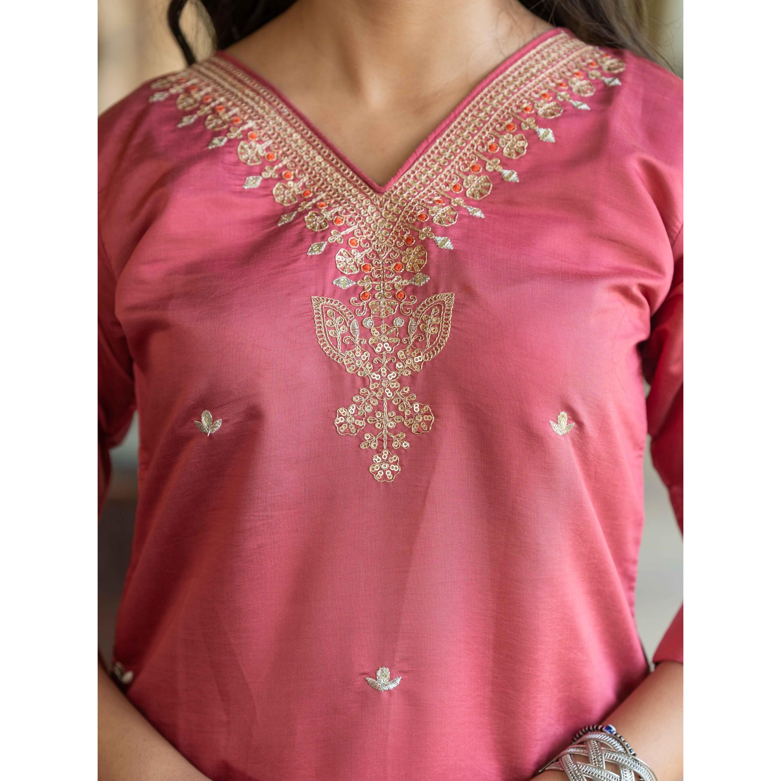Navlik Women's Viscose Silk Embroidered Straight Kurta with Pant and Dupatta Sets (S-Payal) (Size Large, Color Gajri)