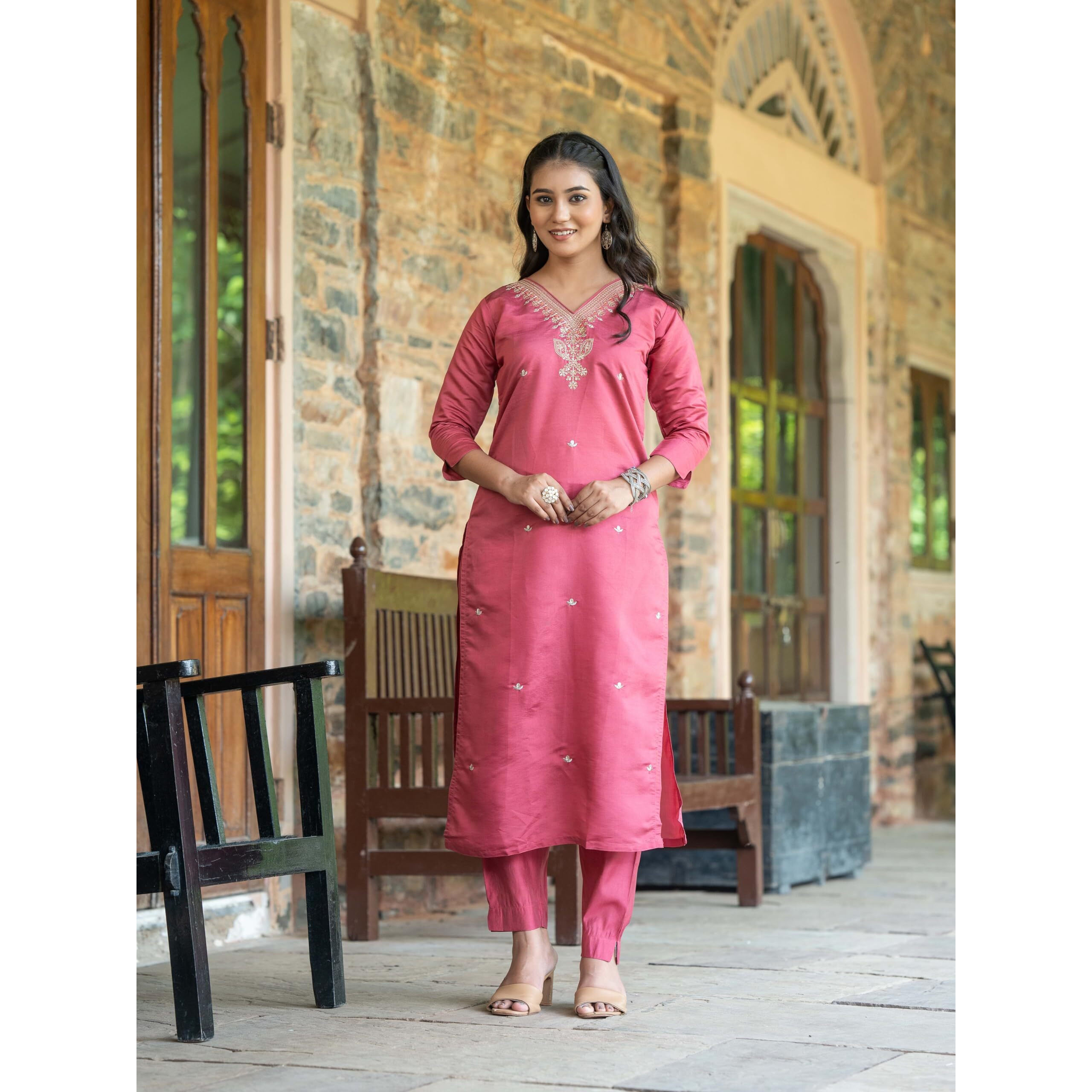Navlik Women's Viscose Silk Embroidered Straight Kurta with Pant and Dupatta Sets (S-Payal) (Size Large, Color Gajri)
