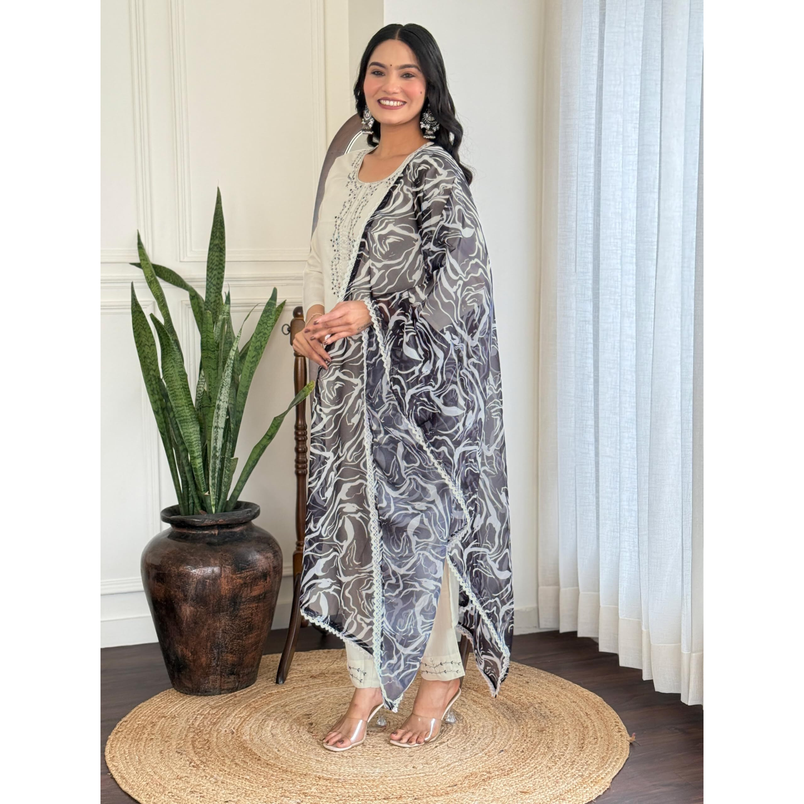 Navlik Women's Viscose Rayon Embroidered Straight Kurta with Pant and Dupatta Sets (S-Reshma) (Size X-Large, Color White)
