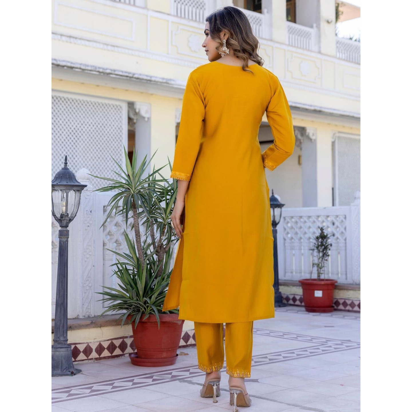 Navlik Women's Chanderi Silk Embroidered Straight Kurta with Pant and Dupatta Sets (S-Rose) (Size XX-Large, Color Mustard)