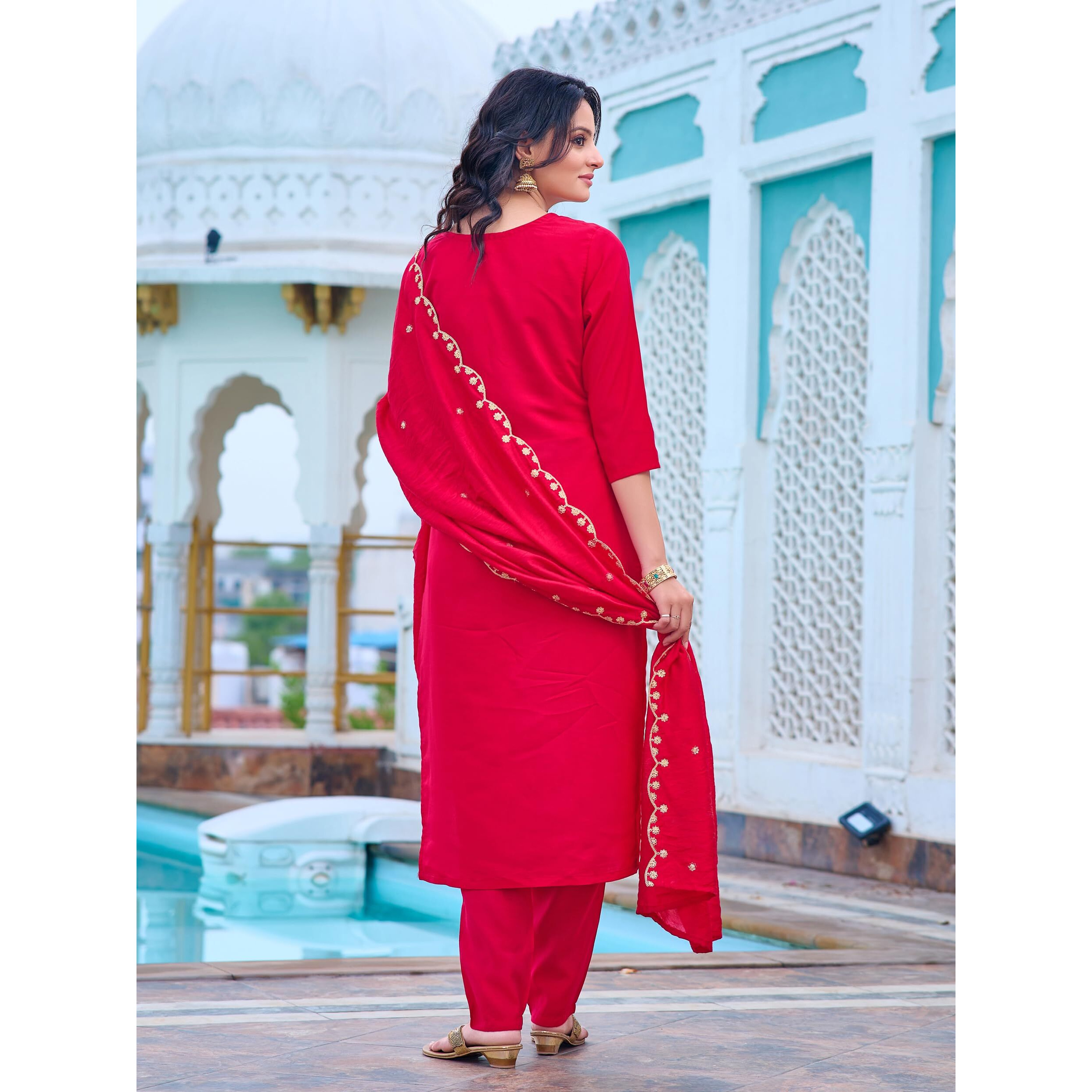 Navlik Women's Mahendi Chanderi Embroidered Straight Kurta with Chanderi Pant and Chanderi Printed Dupatta Sets (NK-SRS-103) (Size Small, Color Rani)