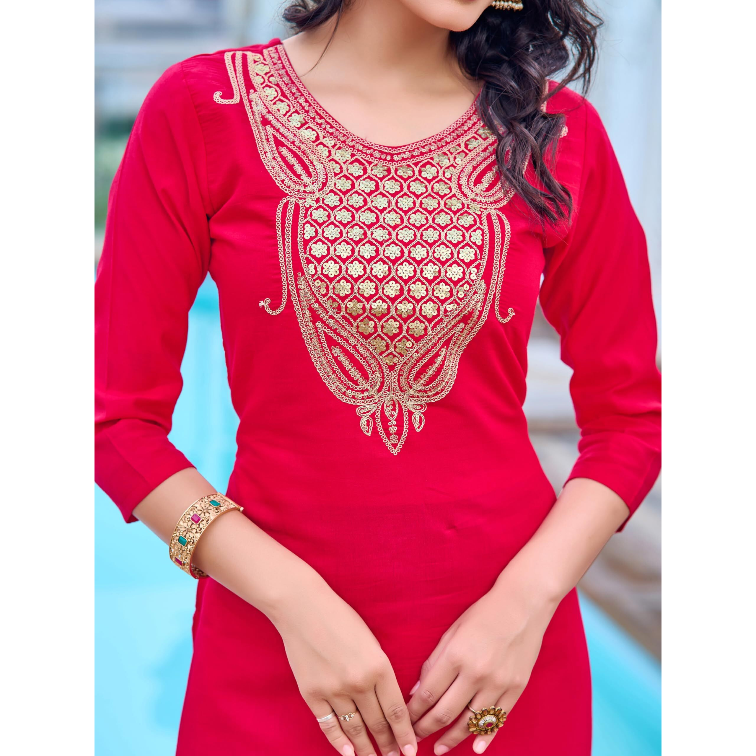 Navlik Women's Mahendi Chanderi Embroidered Straight Kurta with Chanderi Pant and Chanderi Printed Dupatta Sets (NK-SRS-103) (Size Small, Color Rani)