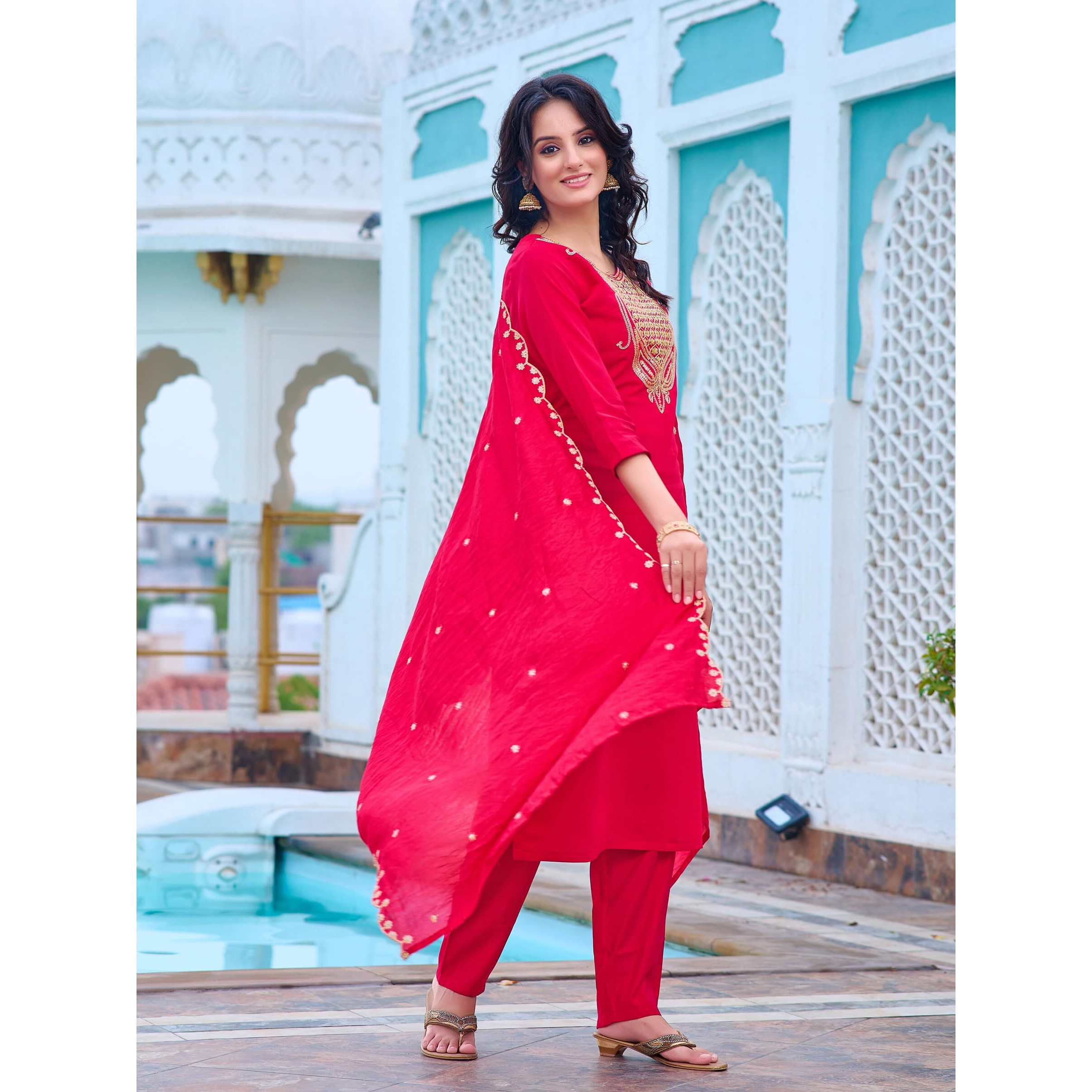 Navlik Women's Mahendi Chanderi Embroidered Straight Kurta with Chanderi Pant and Chanderi Printed Dupatta Sets (NK-SRS-103) (Size Small, Color Rani)