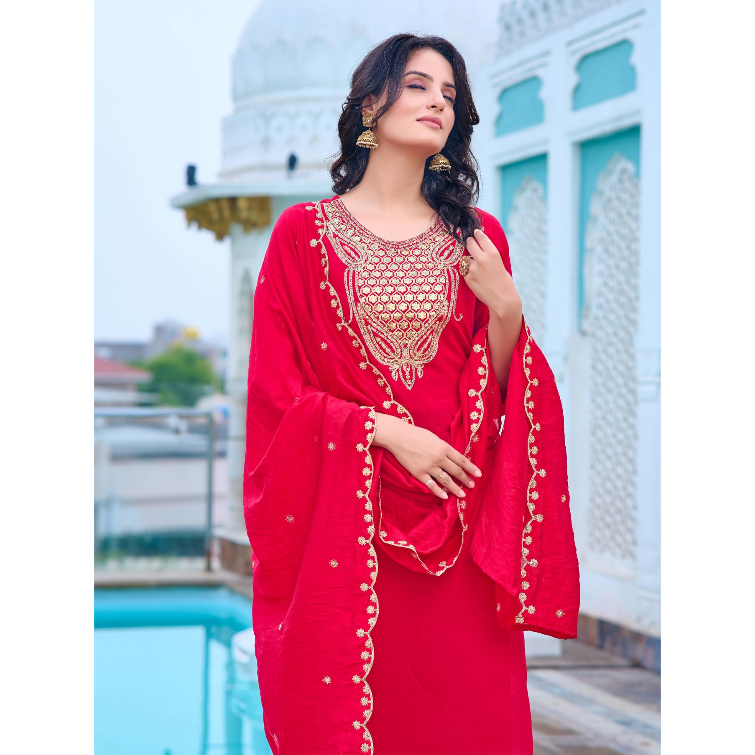 Navlik Women's Mahendi Chanderi Embroidered Straight Kurta with Chanderi Pant and Chanderi Printed Dupatta Sets (NK-SRS-103) (Size X-Large, Color Rani)
