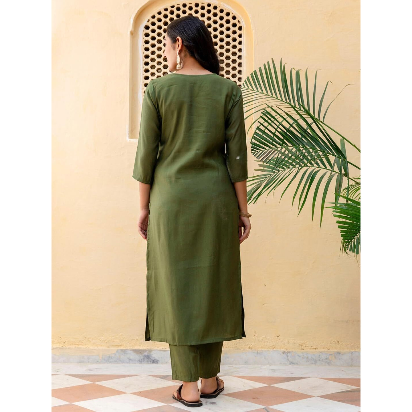 Navlik Women's Mahendi Chanderi Embroidered Straight Kurta with Chanderi Pant and French Crepe Printed Dupatta Sets (NK-SRS-107) (Size XX-Large, Color Mahendi)