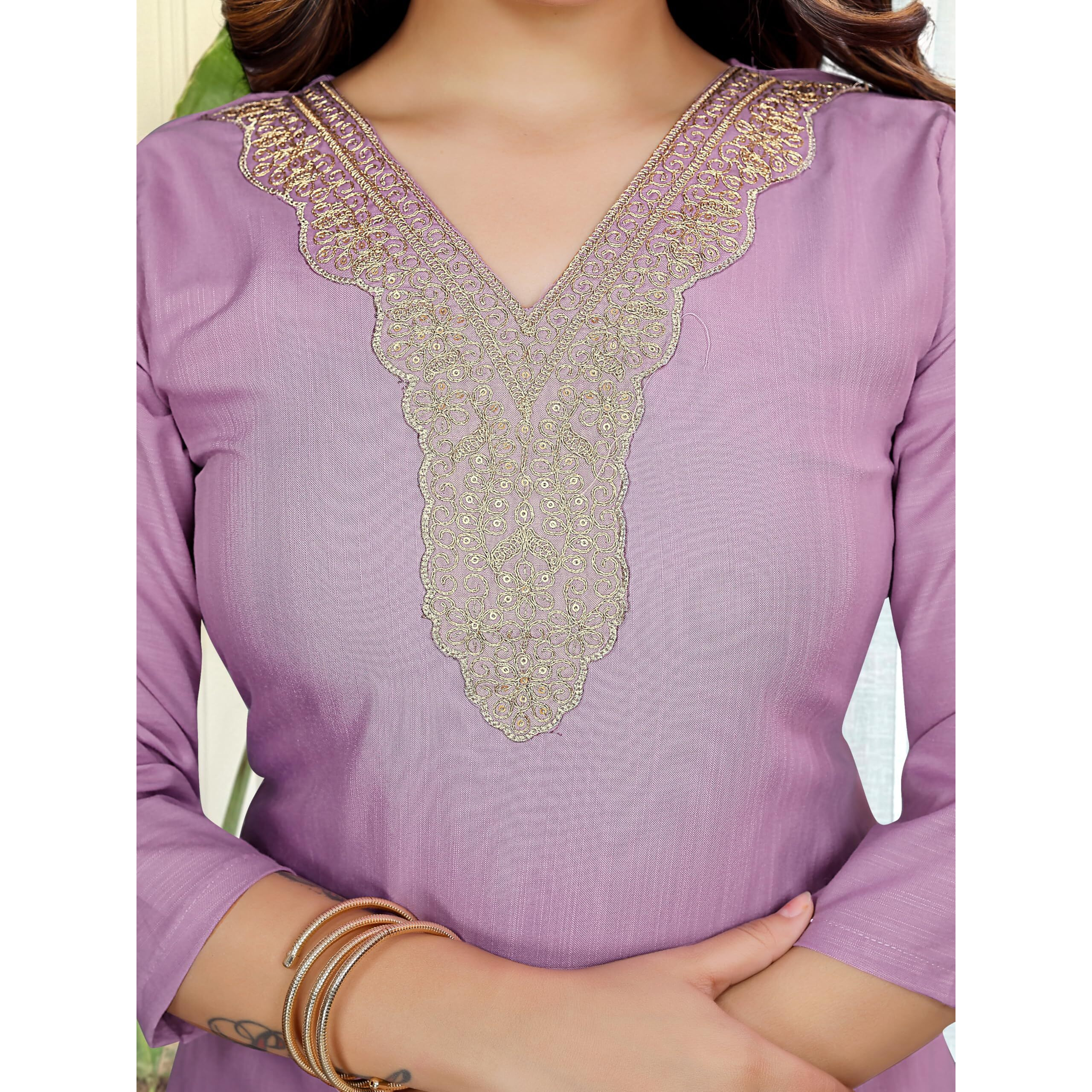 Navlik Women's Lemon Yellow Slub Magic Embroidered Straight Kurta with Slub Magic Pant and Nazneen Dyed Dupatta Sets (NK-SRS-109) (Size Small, Color Levender)