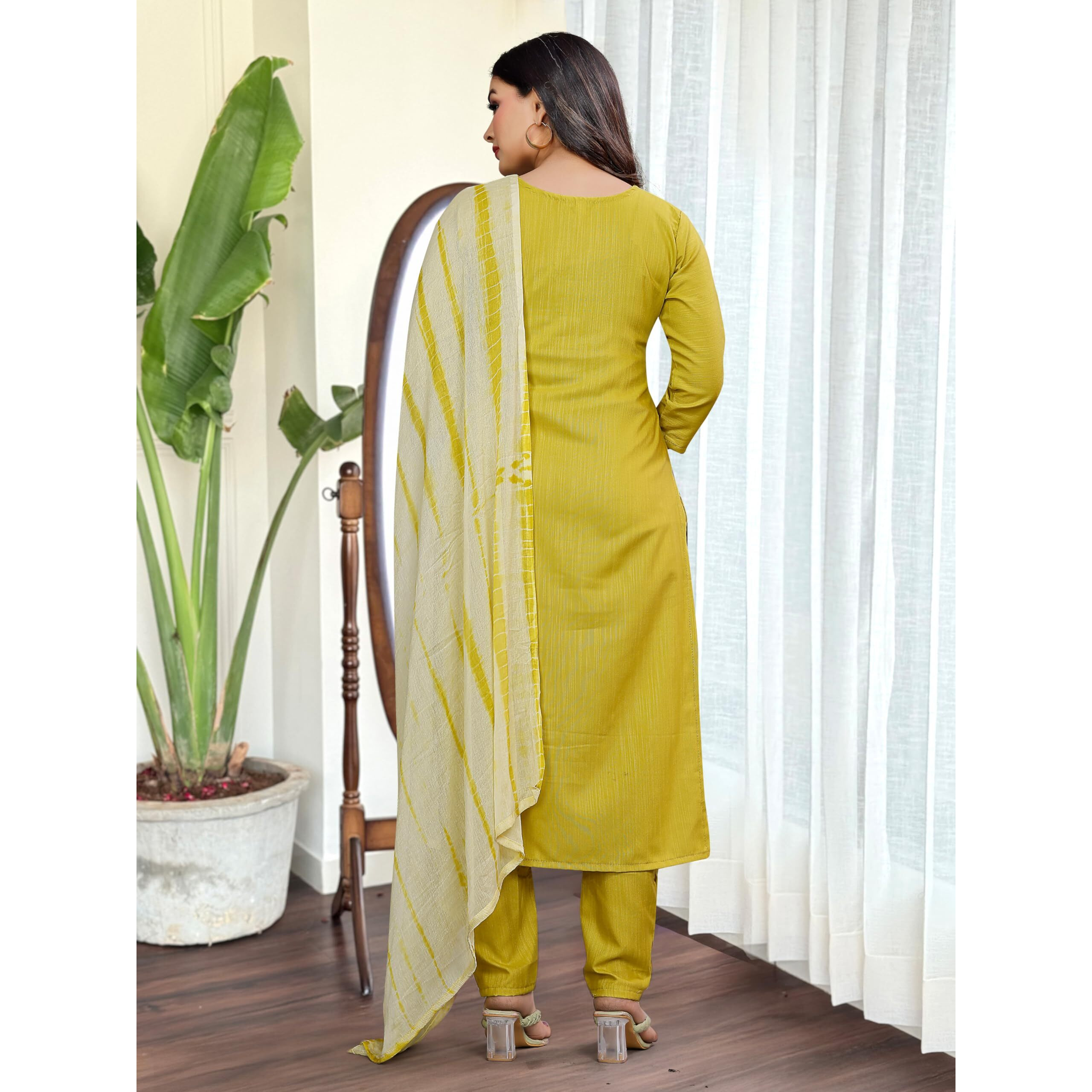 Navlik Women's Lemon Yellow Slub Magic Embroidered Straight Kurta with Slub Magic Pant and Nazneen Dyed Dupatta Sets (NK-SRS-109) (Size X-Large, Color Lemon Yellow)
