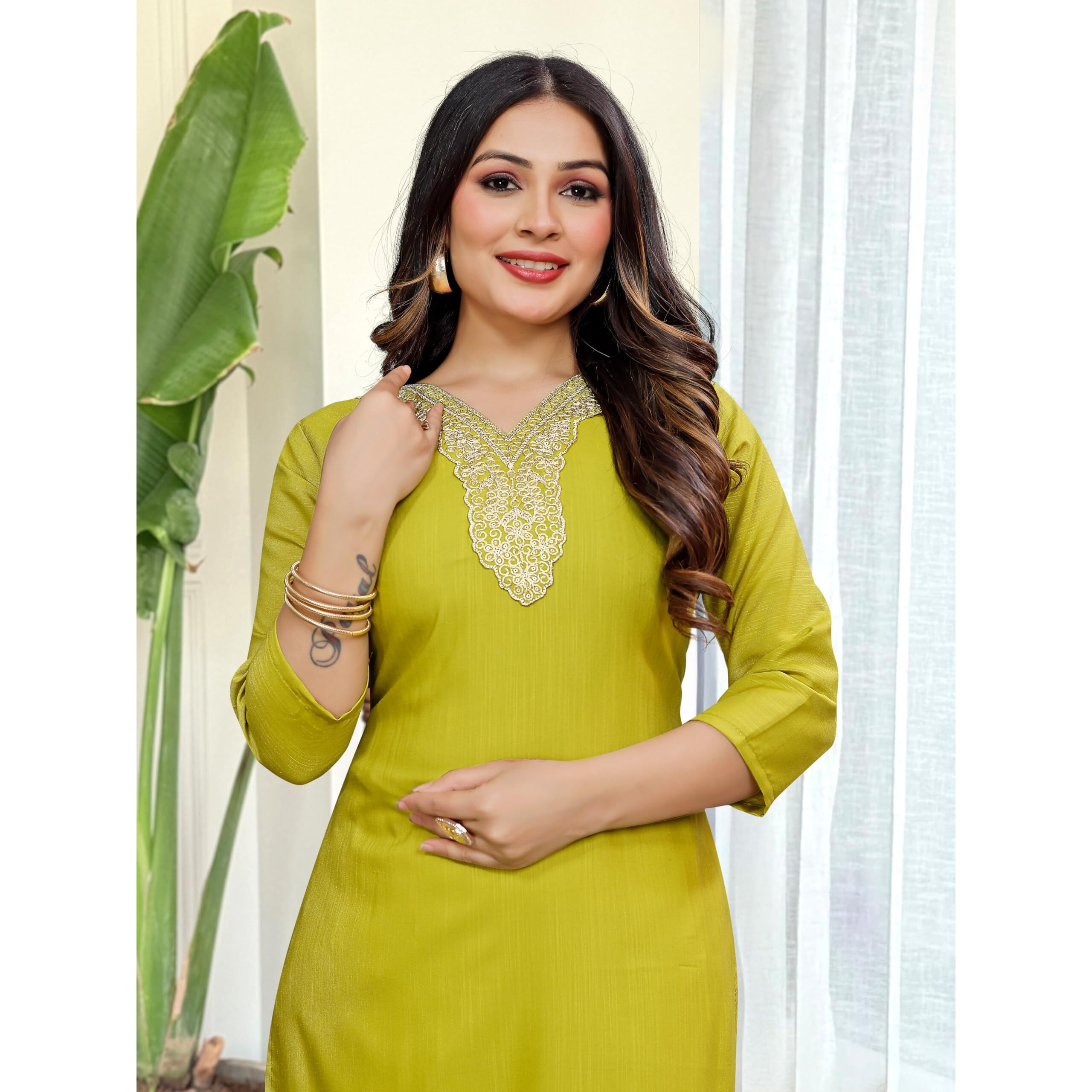 Navlik Women's Lemon Yellow Slub Magic Embroidered Straight Kurta with Slub Magic Pant and Nazneen Dyed Dupatta Sets (NK-SRS-109) (Size X-Large, Color Lemon Yellow)