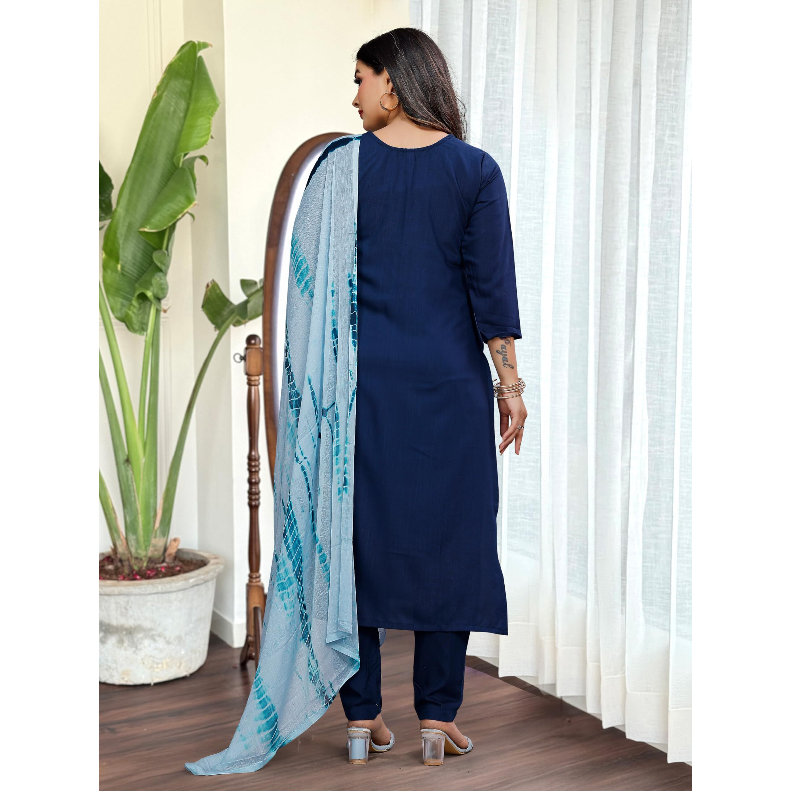 Navlik Women's Lemon Yellow Slub Magic Embroidered Straight Kurta with Slub Magic Pant and Nazneen Dyed Dupatta Sets (NK-SRS-109) (Size XX-Large, Color Petrol)