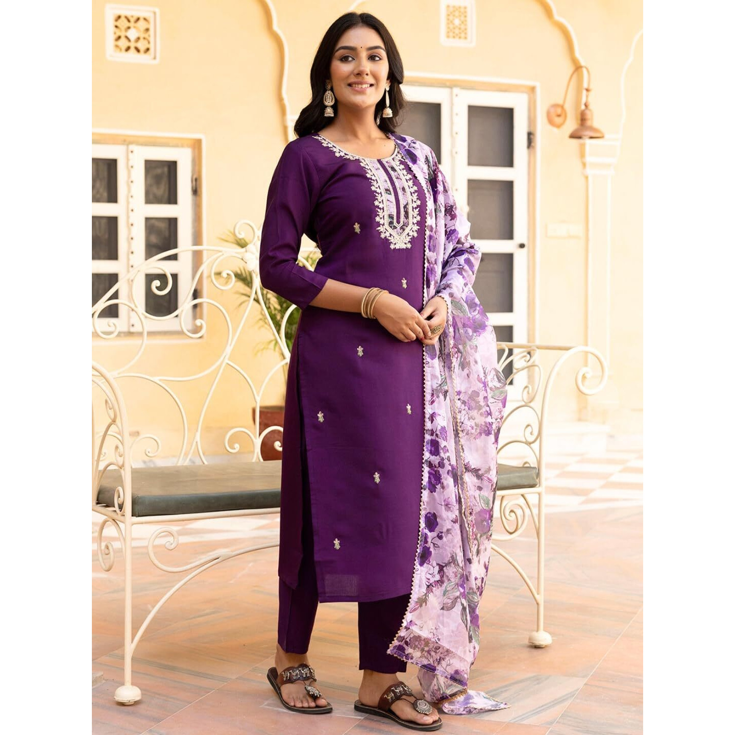 Navlik Women's Wine Chanderi Embroidered Straight Kurta with Chanderi Pant and Taby Printed Dupatta Sets (NK-SRS-111) (Size Small, Color Wine)