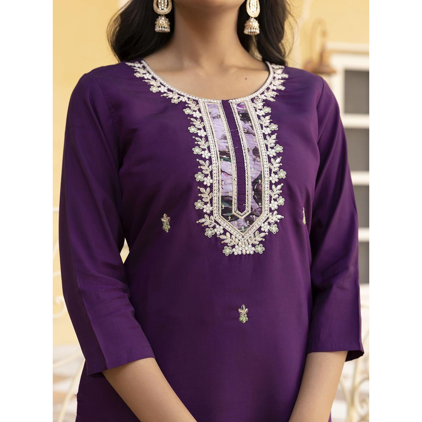 Navlik Women's Wine Chanderi Embroidered Straight Kurta with Chanderi Pant and Taby Printed Dupatta Sets (NK-SRS-111) (Size X-Large, Color Wine)
