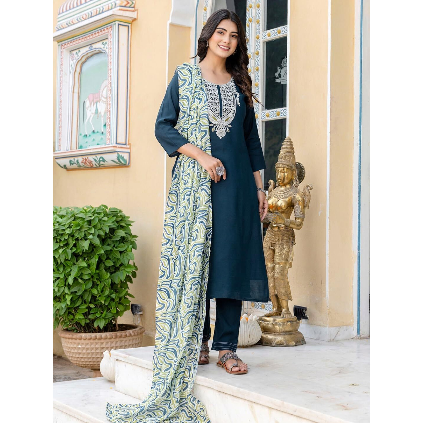 Navlik Women's Lemon Yellow Slub Magic Embroidered Straight Kurta with Slub Magic Pant and Chanderi Printed Dupatta Sets (NK-SRS-112) (Size XX-Large, Color Petrol)