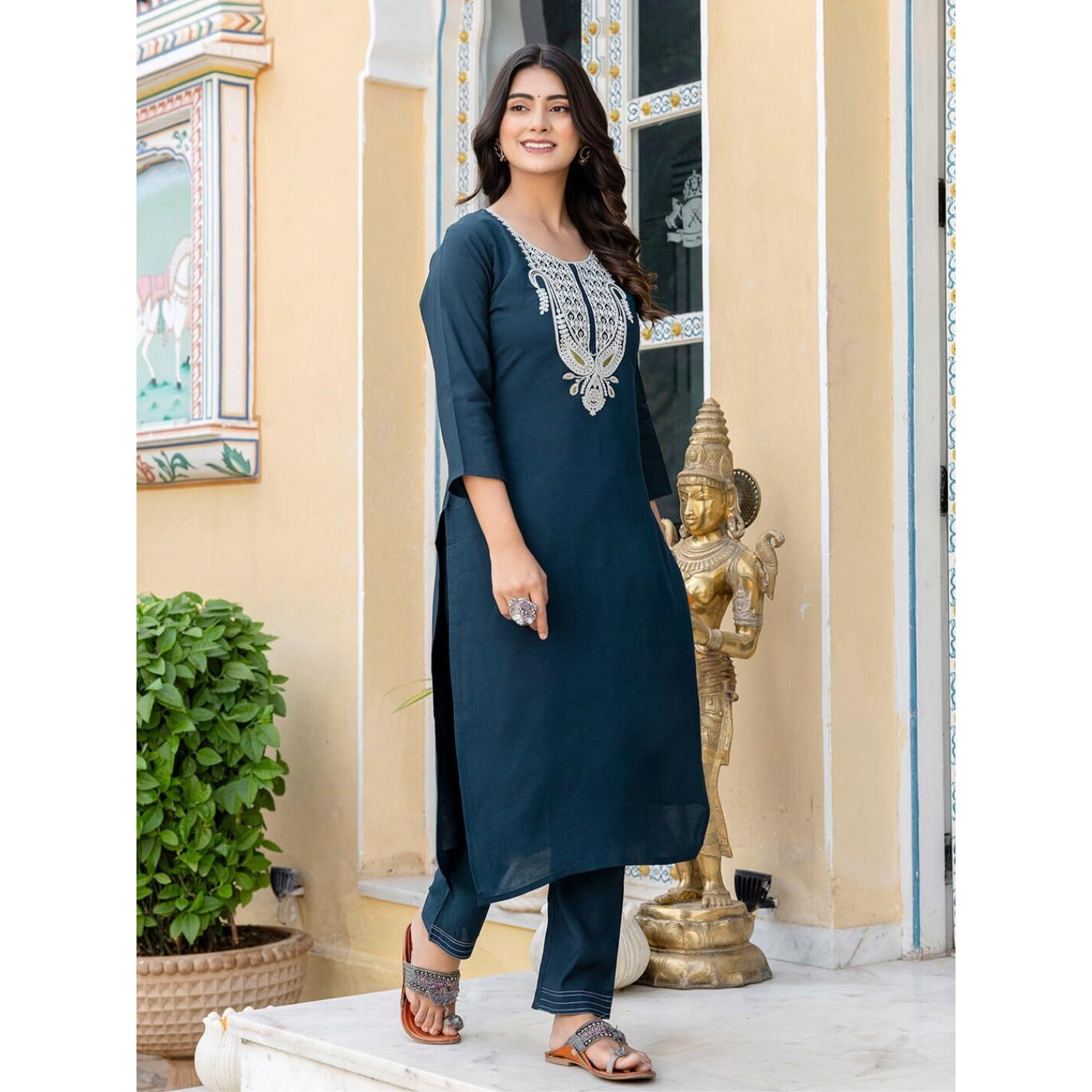 Navlik Women's Lemon Yellow Slub Magic Embroidered Straight Kurta with Slub Magic Pant and Chanderi Printed Dupatta Sets (NK-SRS-112) (Size XX-Large, Color Petrol)