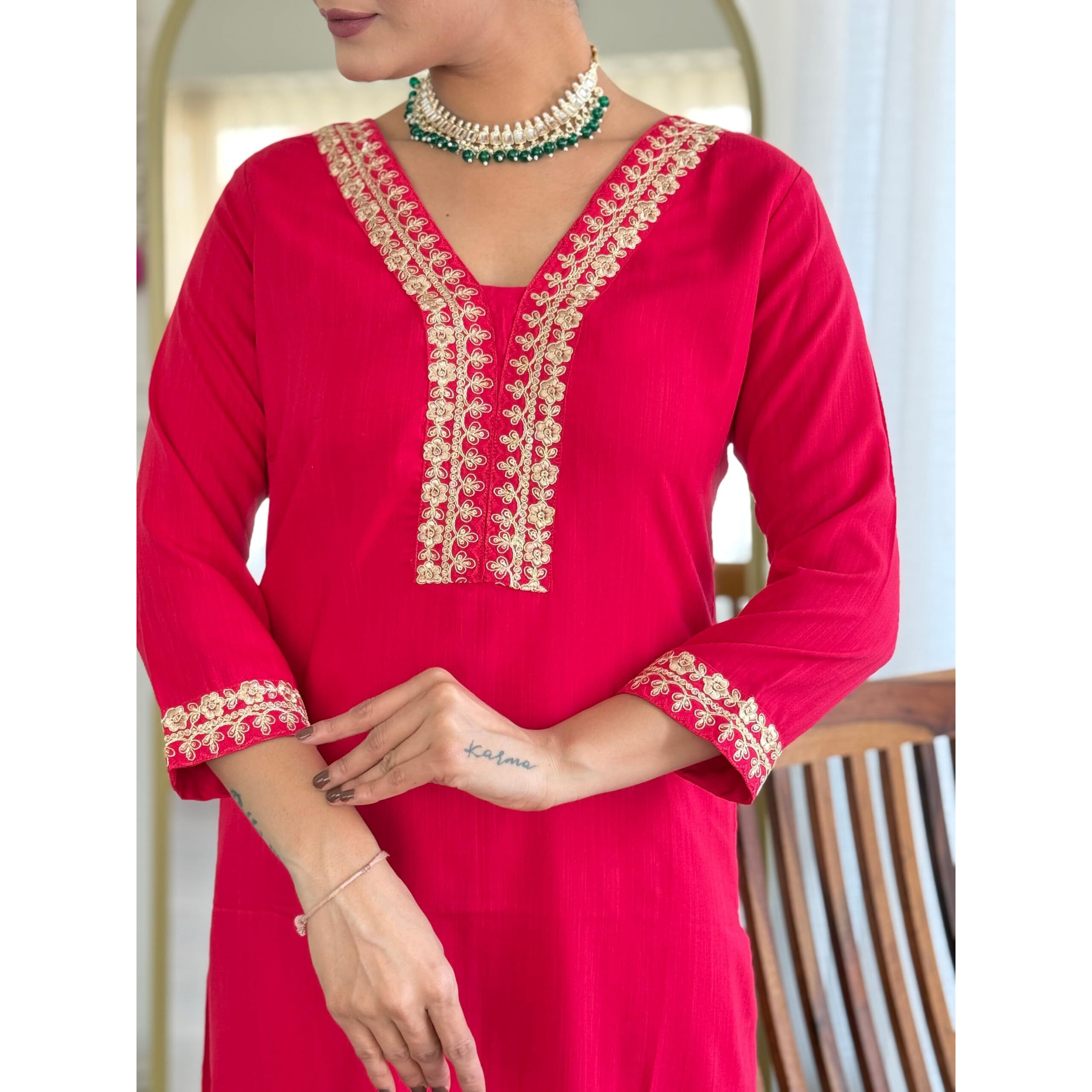 Navlik Women's Viscose Embroidered Straight Kurta with Pant and Dupatta Sets (SRS-114) (Size Small, Color Orange)