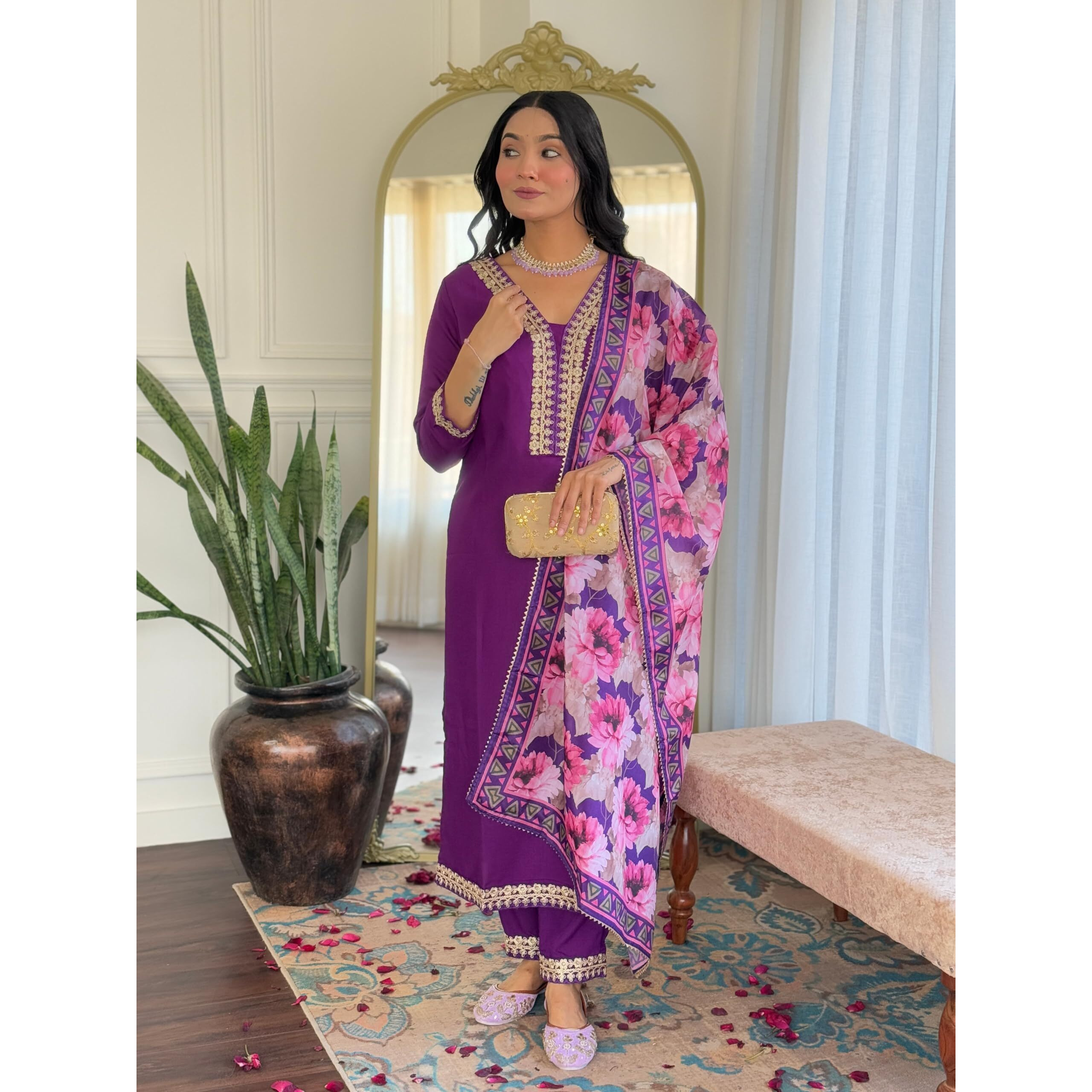 Navlik Women's Viscose Embroidered Straight Kurta with Pant and Dupatta Sets (SRS-114) (Size X-Large, Color Wine)
