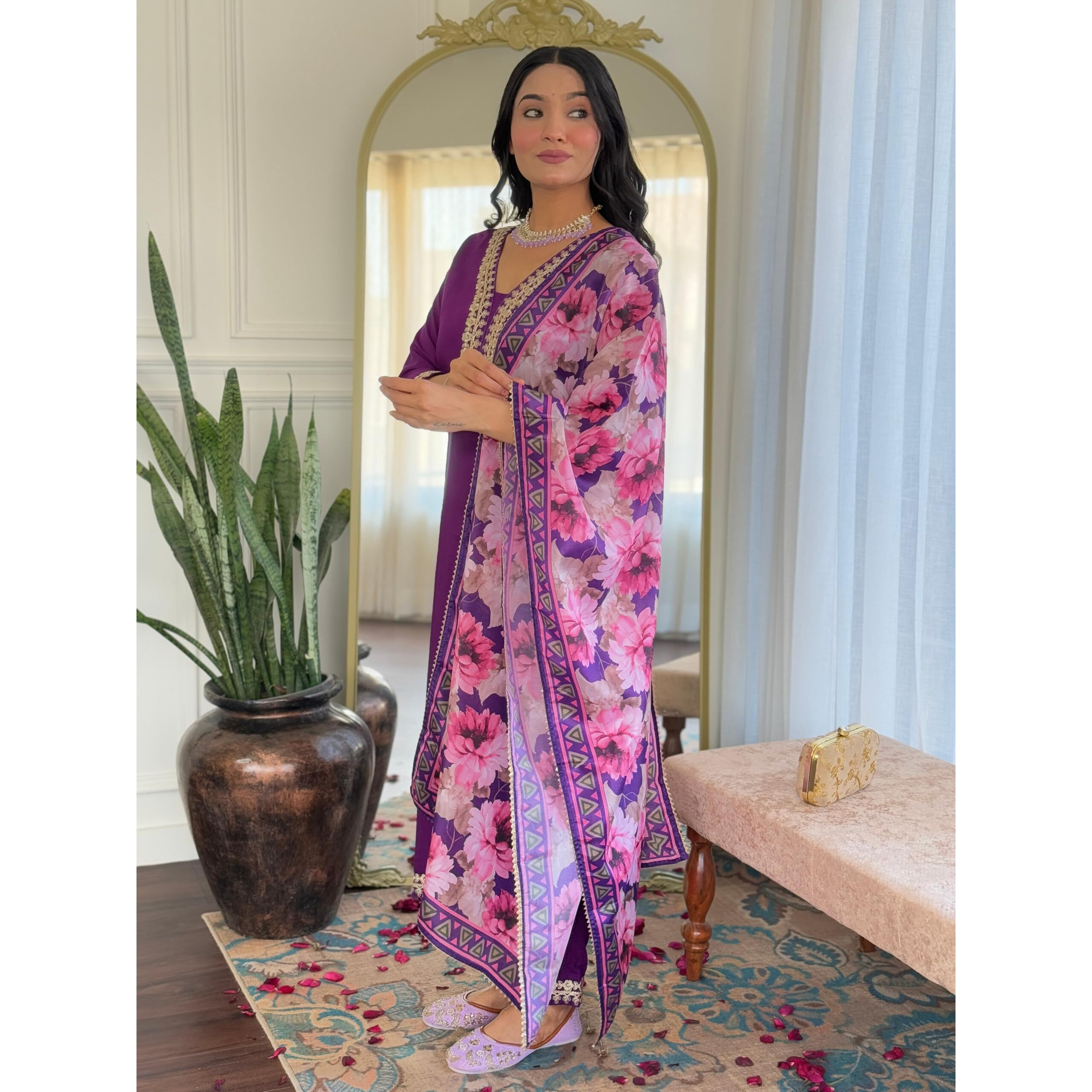 Navlik Women's Viscose Embroidered Straight Kurta with Pant and Dupatta Sets (SRS-114) (Size X-Large, Color Wine)