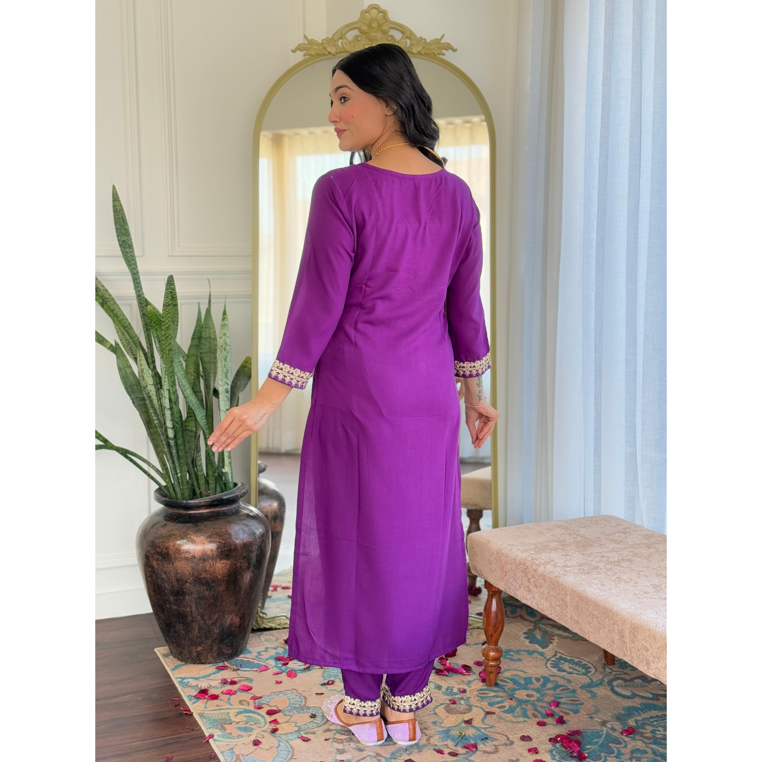 Navlik Women's Viscose Embroidered Straight Kurta with Pant and Dupatta Sets (SRS-114) (Size X-Large, Color Wine)