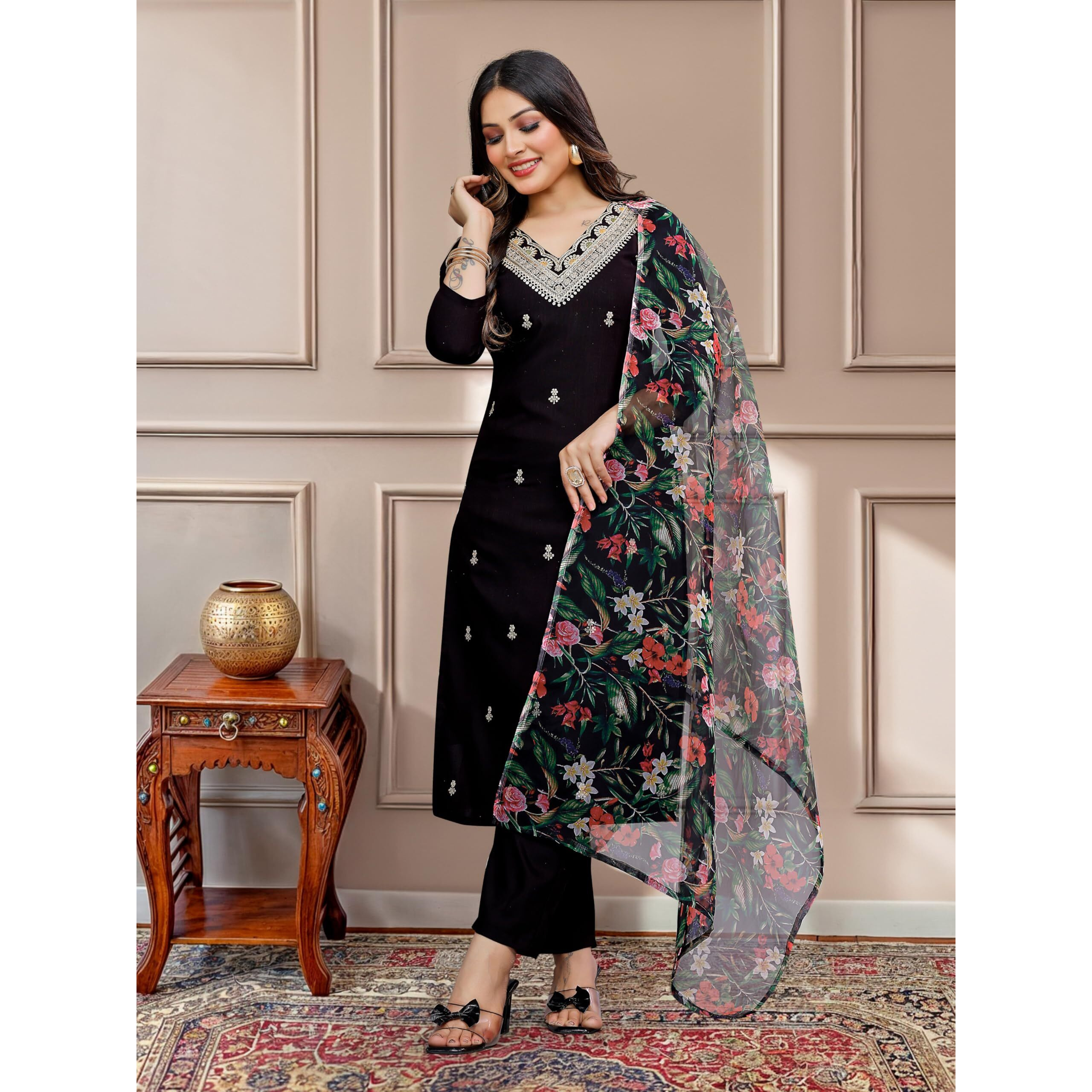 Navlik Women's Black Rayon Slub Embroidered Straight Kurta with Rayon Slub Pant and Taby Printed Dupatta Sets (NK-SRS-115-Black) (Size Medium, Color Black)