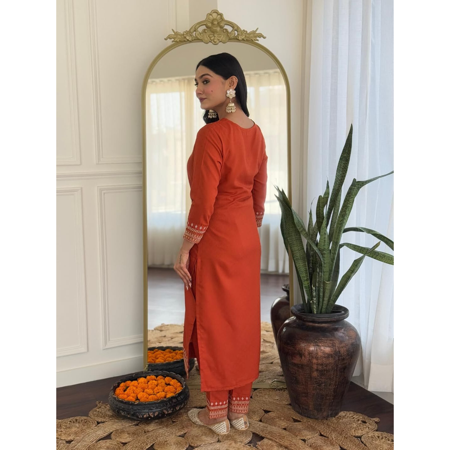 Navlik Women's Viscose Rayon Embroidered Straight Kurta with Pant and Dupatta Sets (SRS-117) (Size Medium, Color Orange)