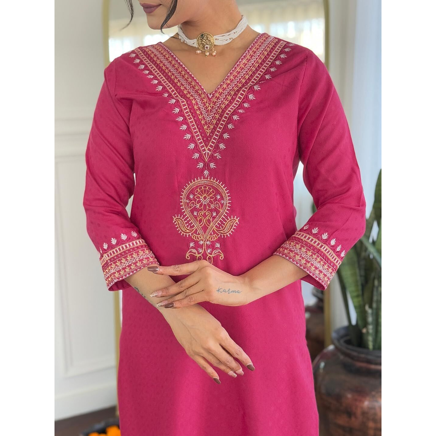Navlik Women's Viscose Rayon Embroidered Straight Kurta with Pant and Dupatta Sets (SRS-117) (Size XXX-Large, Color Rani)