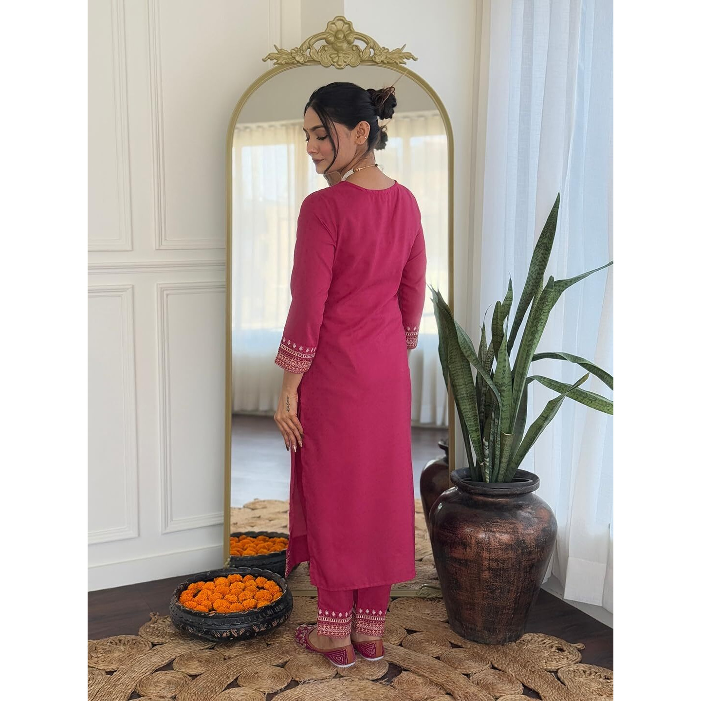 Navlik Women's Viscose Rayon Embroidered Straight Kurta with Pant and Dupatta Sets (SRS-117) (Size Large, Color Rani)