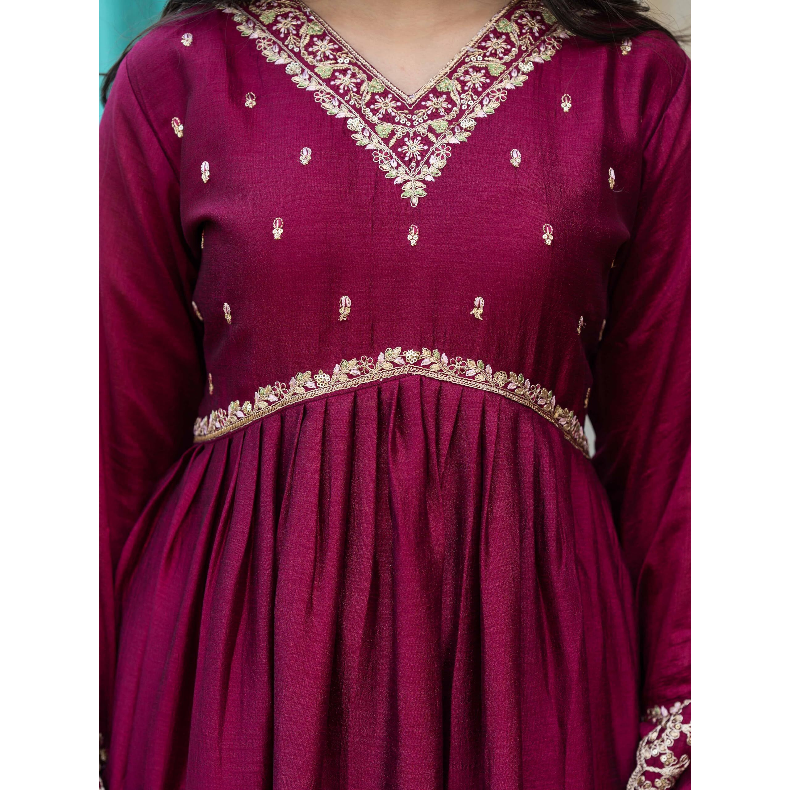 Navlik Women's Vichitra Silk Embroidered Flared Flared Kurta Pant and Dupatta Sets (S-Sameera) (Size Medium, Color Wine)