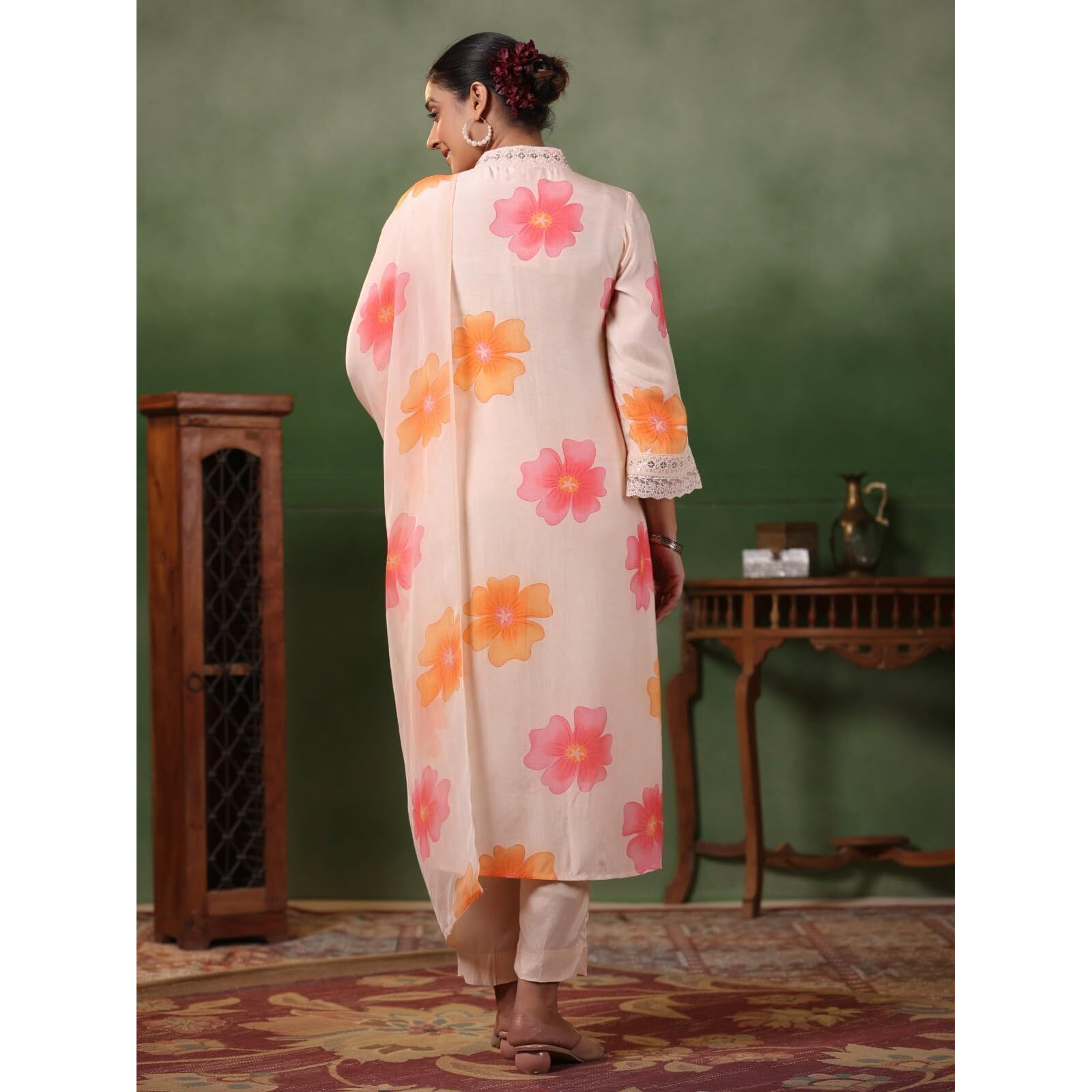 Navlik Women's Peach French Crepe Embroidered and Printed Straight Kurta with Viscose Rayon Pant and Organza Printed Dupatta Sets (NK-S-Sitara) (Size Small, Color Peach)