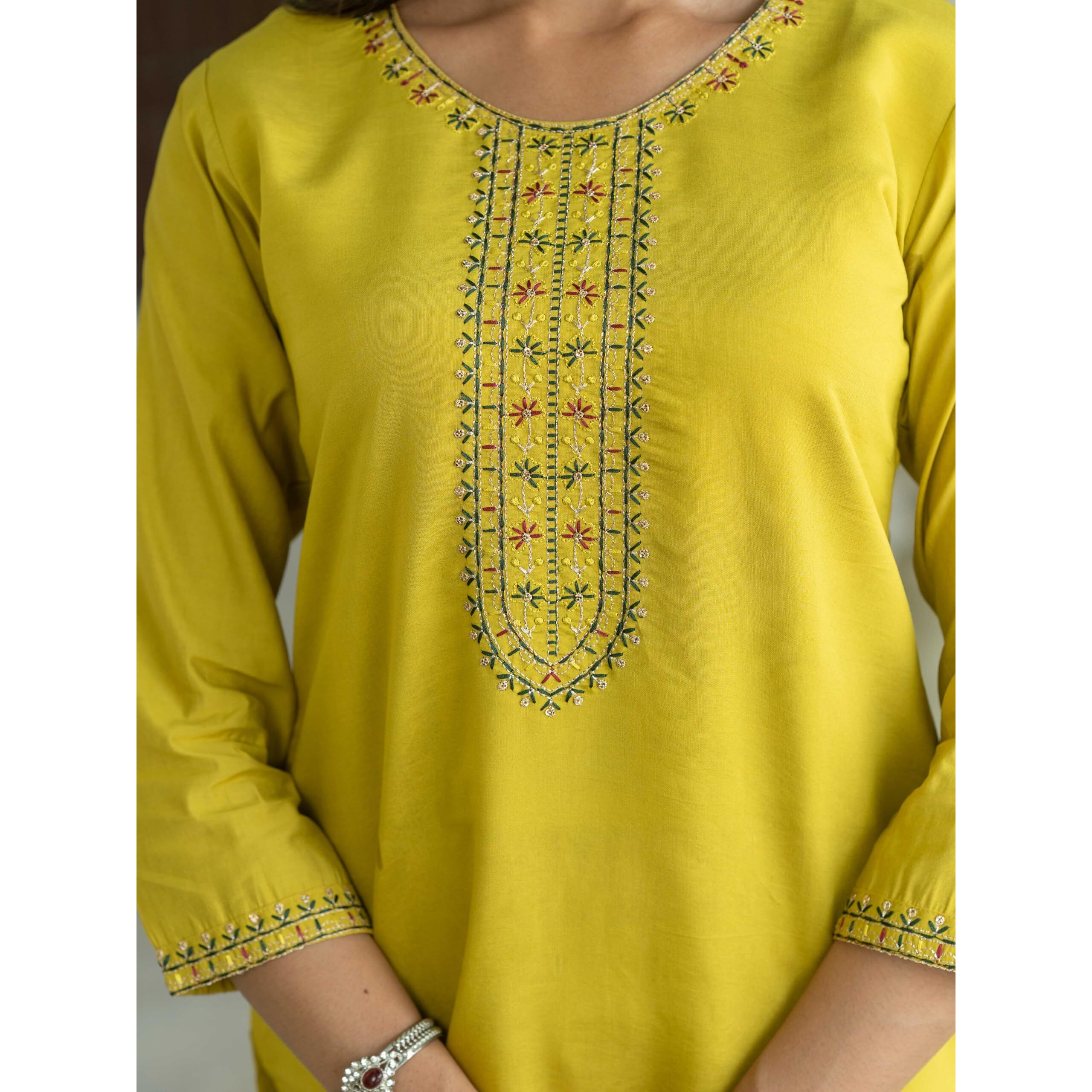 Navlik Women's Chanderi Viscose Embroidered Straight Kurta with Pant and Dupatta Sets (S-Sofia) (Size Large, Color Lemon)