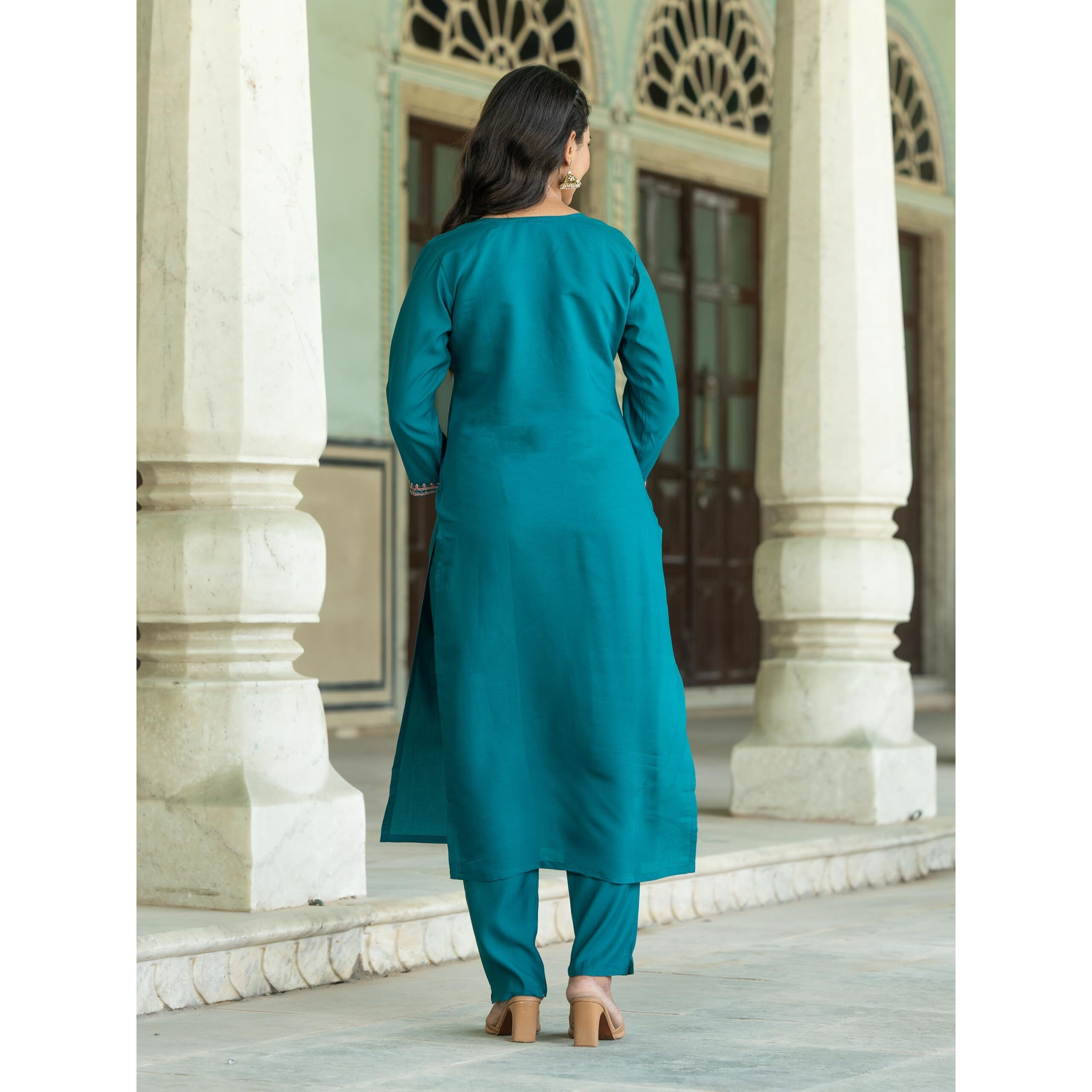 Navlik Women's Chanderi Viscose Embroidered Straight Kurta with Pant and Dupatta Sets (S-Sofia) (Size XX-Large, Color Rama)