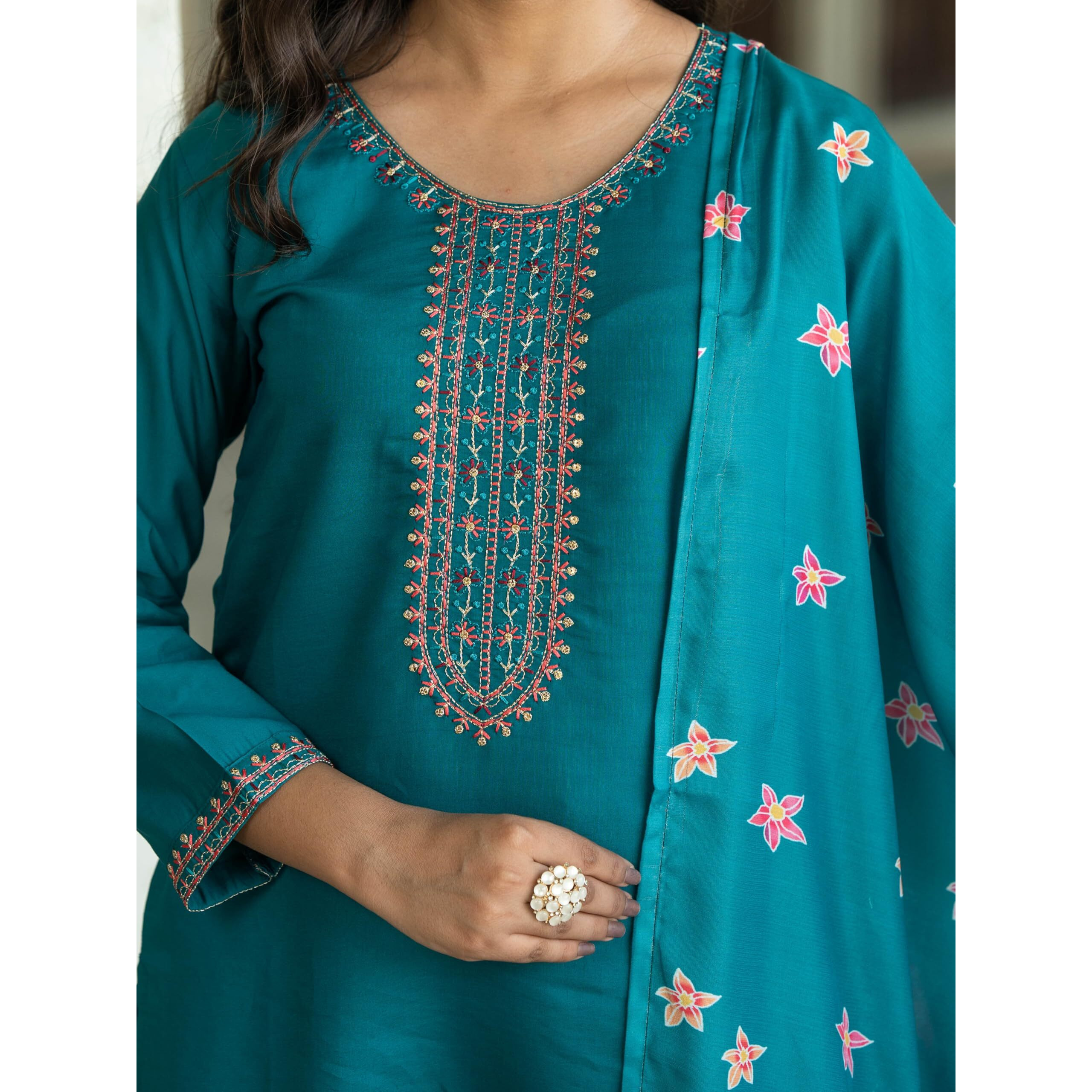 Navlik Women's Chanderi Viscose Embroidered Straight Kurta with Pant and Dupatta Sets (S-Sofia) (Size XX-Large, Color Rama)