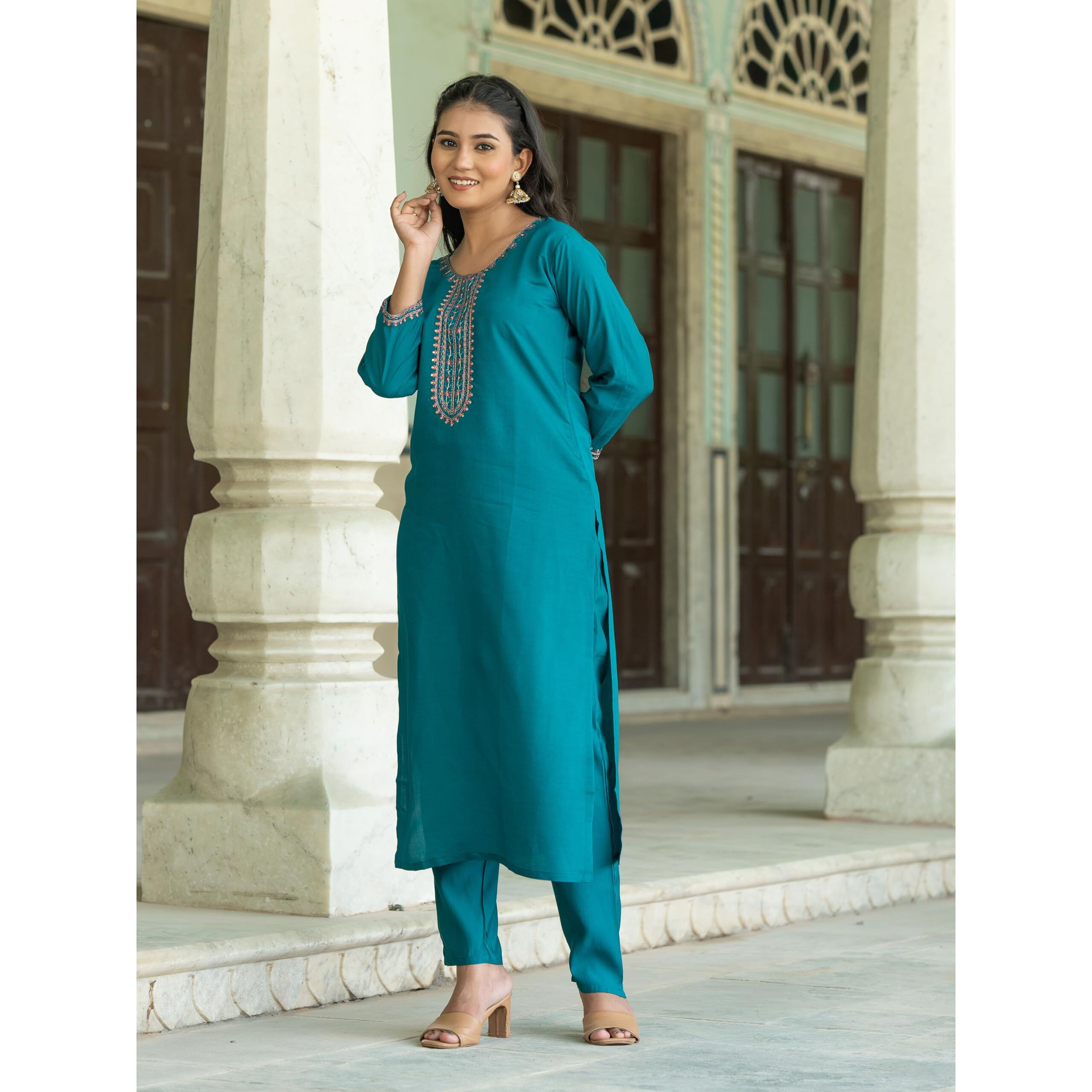 Navlik Women's Chanderi Viscose Embroidered Straight Kurta with Pant and Dupatta Sets (S-Sofia) (Size XX-Large, Color Rama)