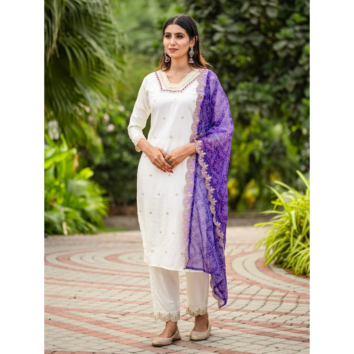 Navlik Women's Off White Roman Silk Embroidered Straight Kurta with Roman Silk Pant and Taby Embroidered Dupatta Sets (NK-STYL-Apexa) (Size Large, Color Off white)