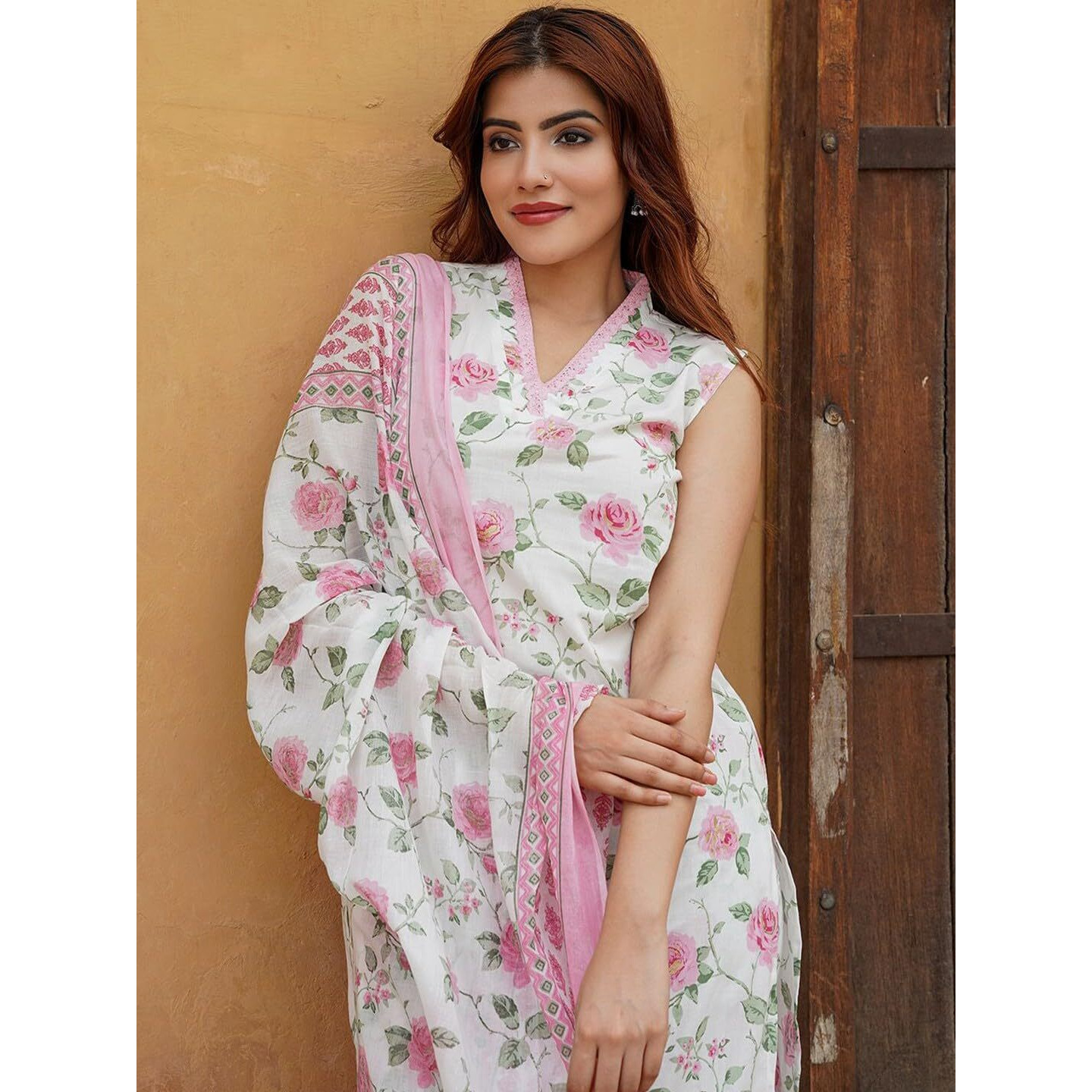 Navlik Women's Cotton Straight Kurta with Pant and Printed Dupatta Sets (STYL-Damini) (Size Large, Color Pink)