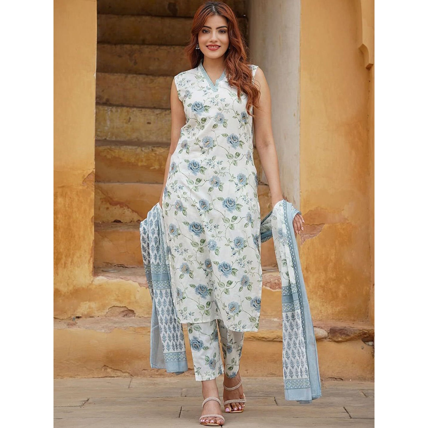 Navlik Women's Cotton Straight Kurta with Pant and Printed Dupatta Sets (STYL-Damini) (Size Small, Color Rama)