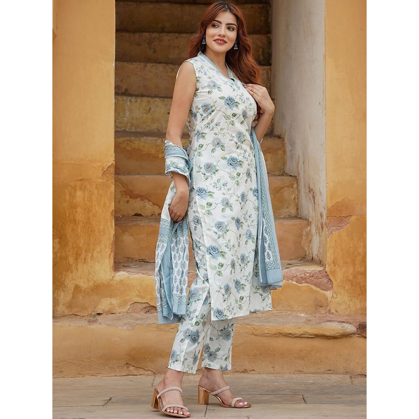 Navlik Women's Cotton Straight Kurta with Pant and Printed Dupatta Sets (STYL-Damini) (Size Small, Color Rama)
