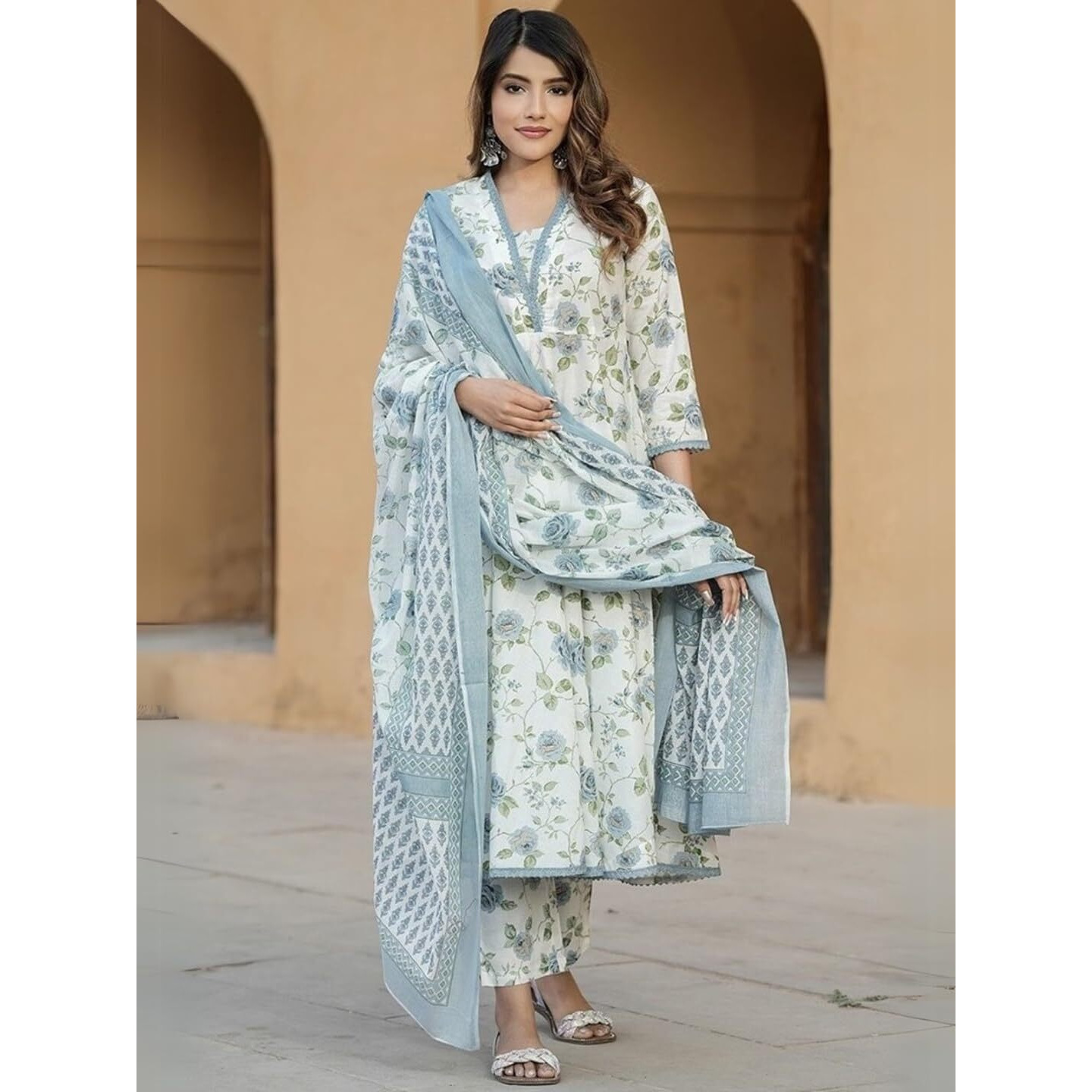 Navlik Women's Cotton Printed A-Line Kurta with Pant and Dupatta Sets (STYL-Kamini) (Size Small, Color Rama)