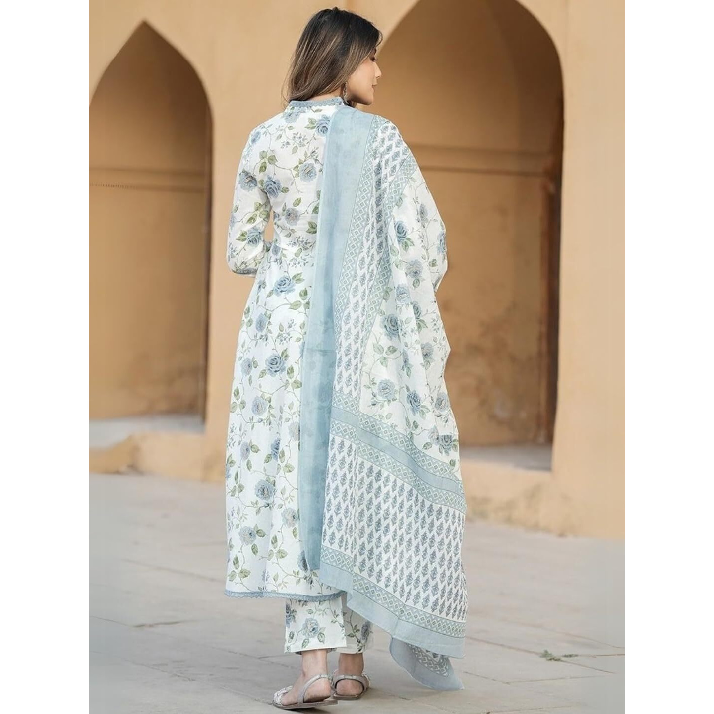 Navlik Women's Cotton Printed A-Line Kurta with Pant and Dupatta Sets (STYL-Kamini) (Size Small, Color Rama)
