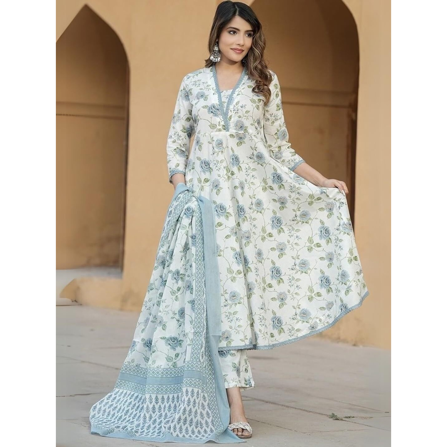 Navlik Women's Cotton Printed A-Line Kurta with Pant and Dupatta Sets (STYL-Kamini) (Size Small, Color Rama)