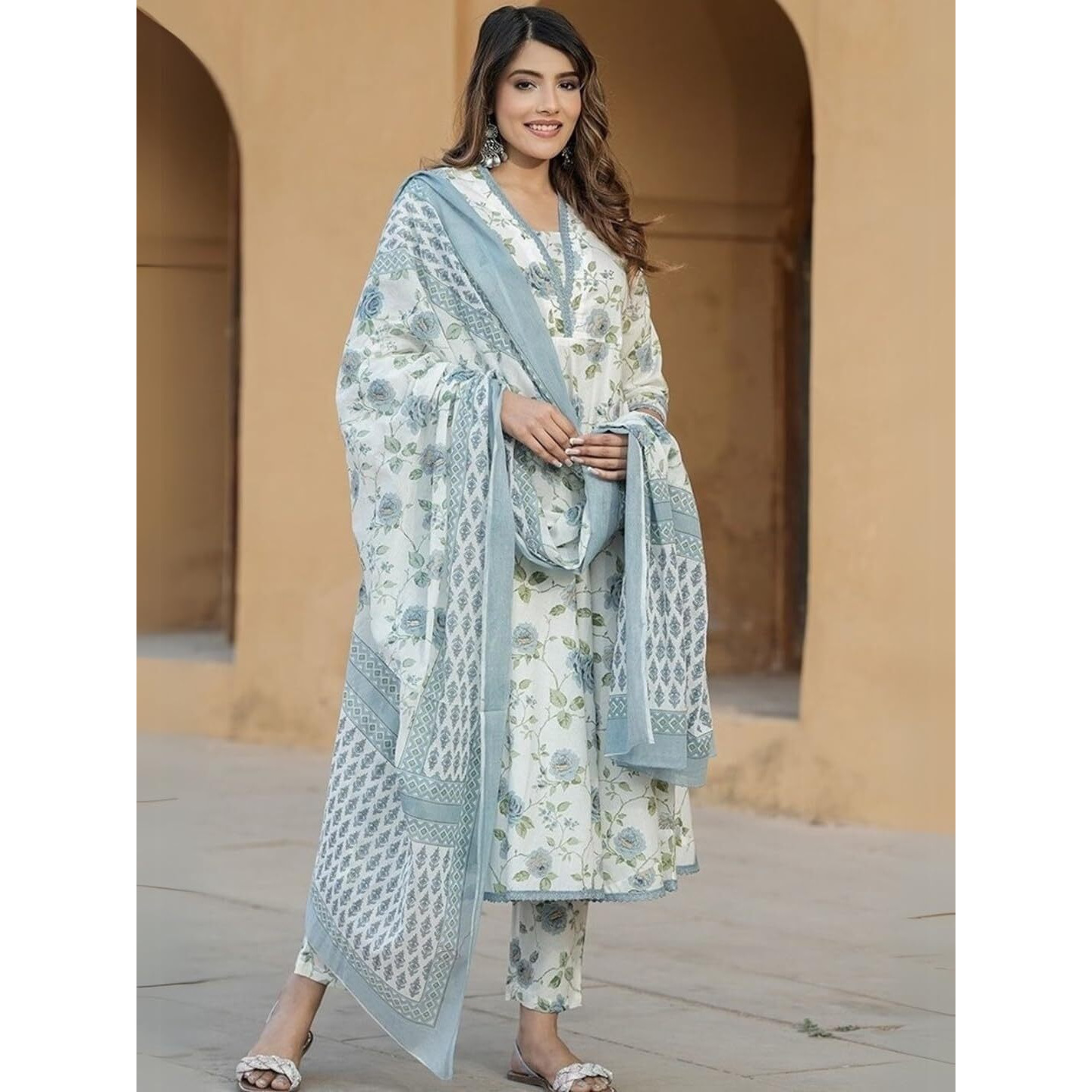 Navlik Women's Cotton Printed A-Line Kurta with Pant and Dupatta Sets (STYL-Kamini) (Size Small, Color Rama)