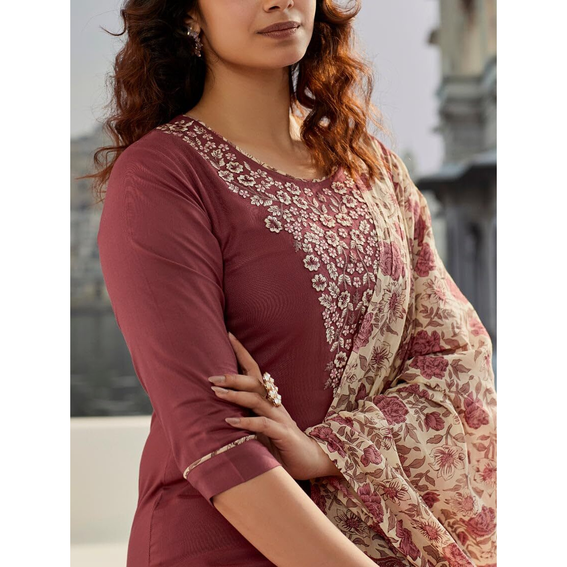 Navlik Women's Cotton with Embroidered Straight Kurta with Pant and Dupatta Sets (STYL-Monika) (Size Medium, Color Rust)