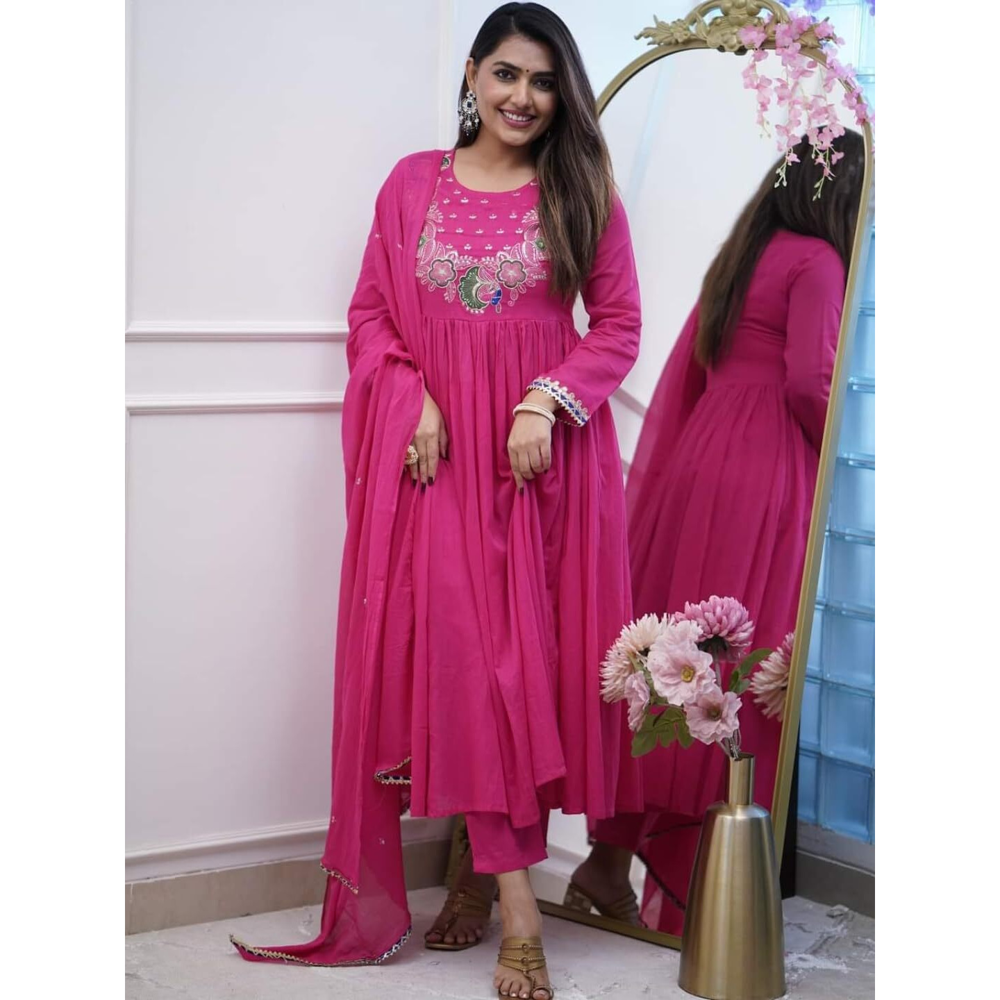 Navlik Women's Chinon Embroidered Straight Kurta Pant and Dupatta Sets (STYL-Morlo) (Size Small, Color Pink)